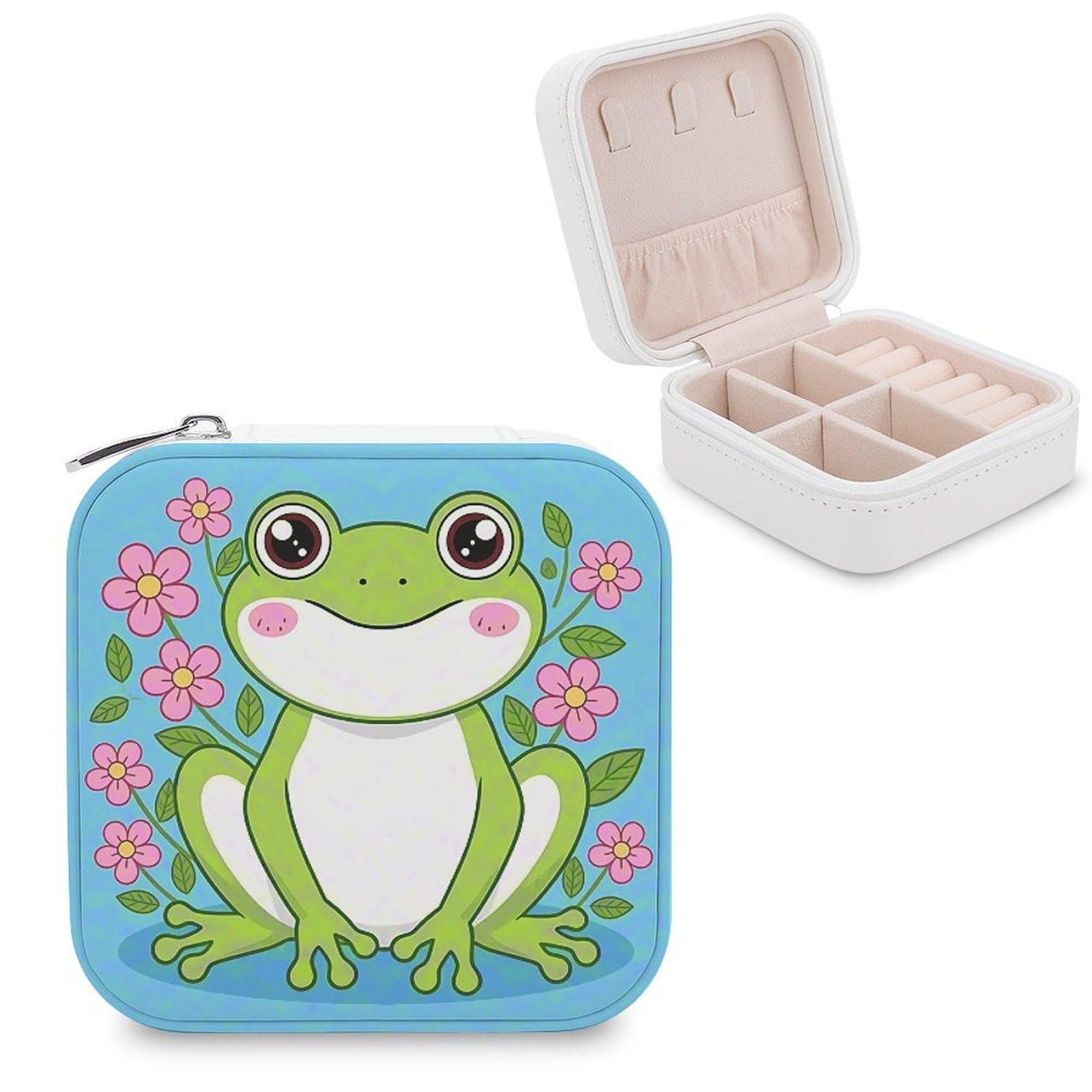 VstaDank Frog Jewelry Organizer Travel Case for Women With Zipper Mini Jewelry Case PU Leather Jewelrys Box for Rings Necklaces Bracelets Earring Holder Organizer Storage