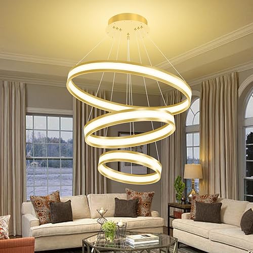 Miniatura 12 de Moderno candelabro LED de anillo dorado, iluminación colgante de acrílico LED regulable, lámpara ajustable para comedor, sala de estar, dormitorio,