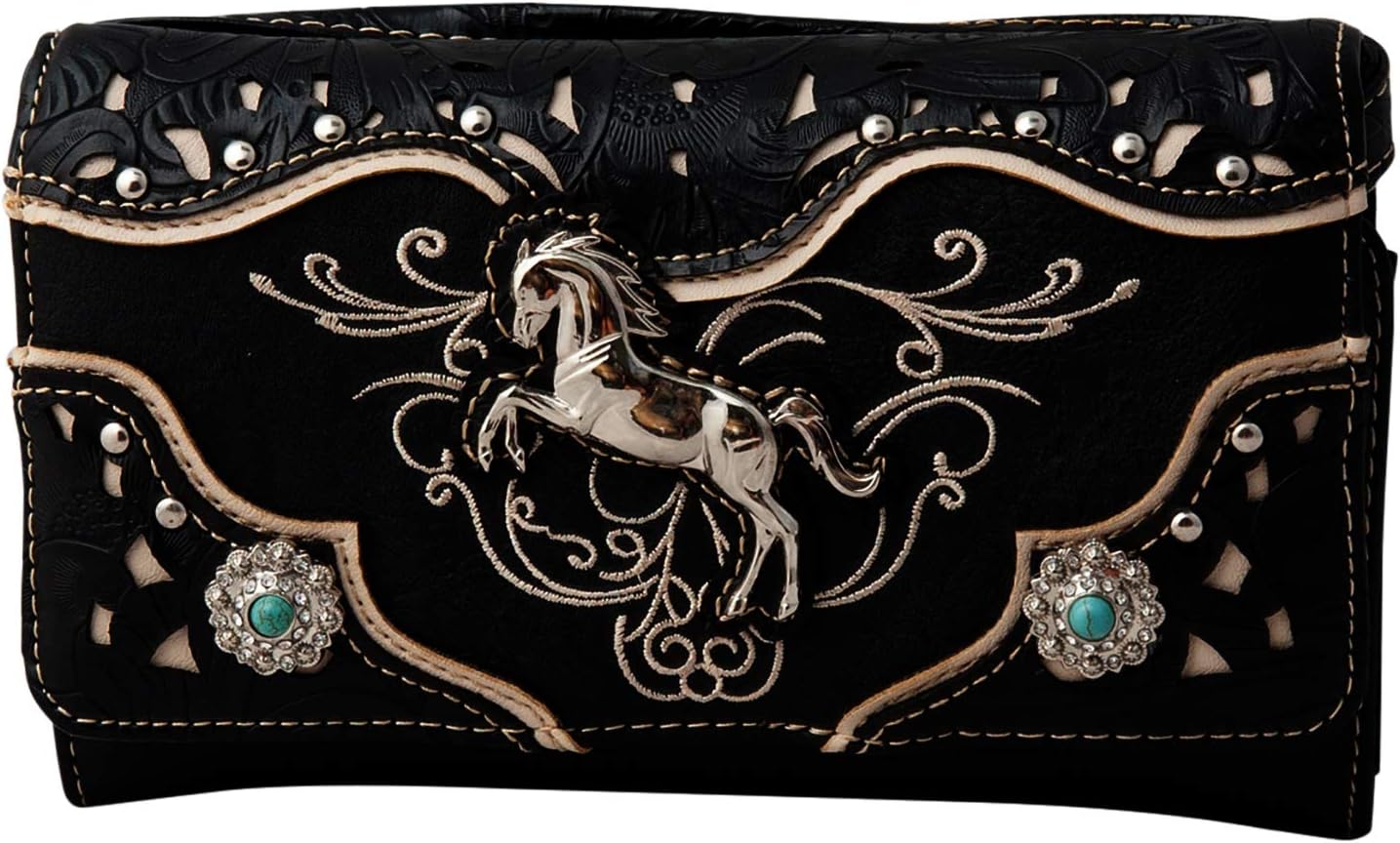 HW Collection Western Horse Equestrian Embroidery Tooling Crossbody Wristlet Clutch Wallet
