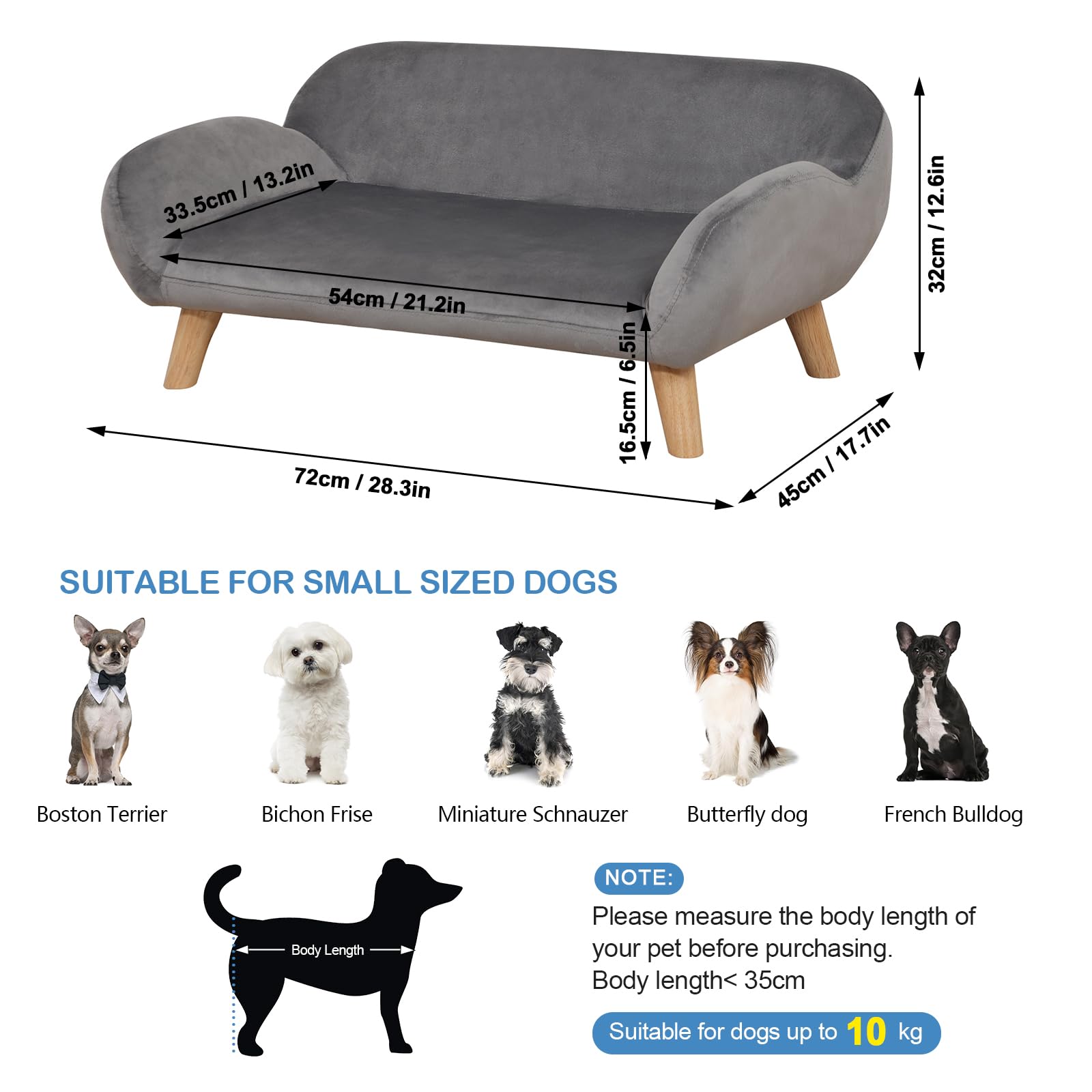 Hundesofa Für Kleine Hunde & Katzen – Samtbezug, Holzrahmen, Grau (72 X 45 X 32 Cm)