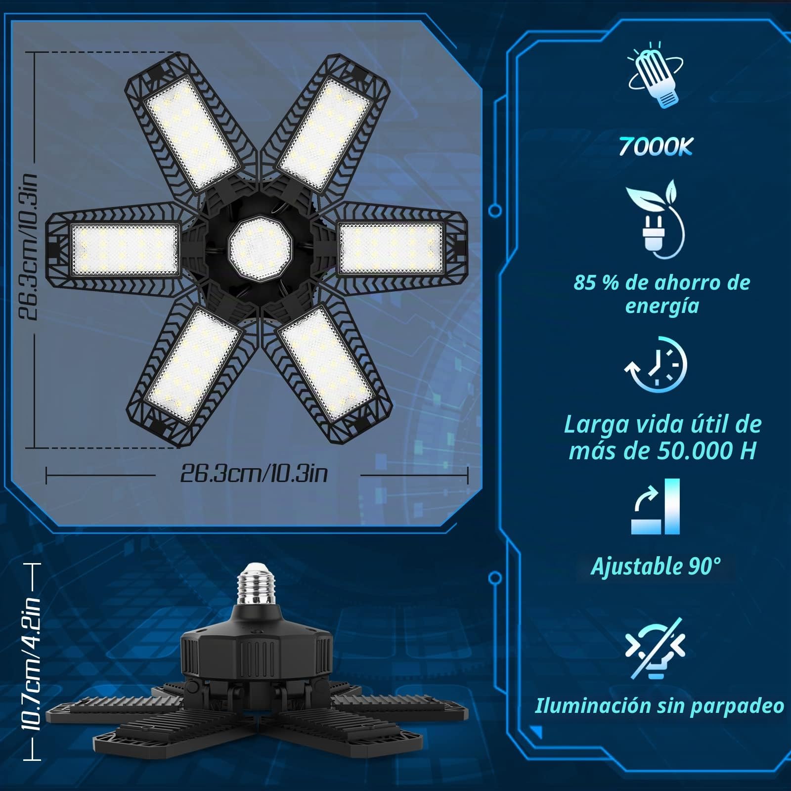 Focos LED Interior Techo 185W 18500LM Lámpara de Garaje 6 Piezas | 6500K Blanco Frío Luces Taller LED, Luz LED Techo con 6+1 paneles Ajustables, Lámpara Industrial Techo para Garaje Almacén