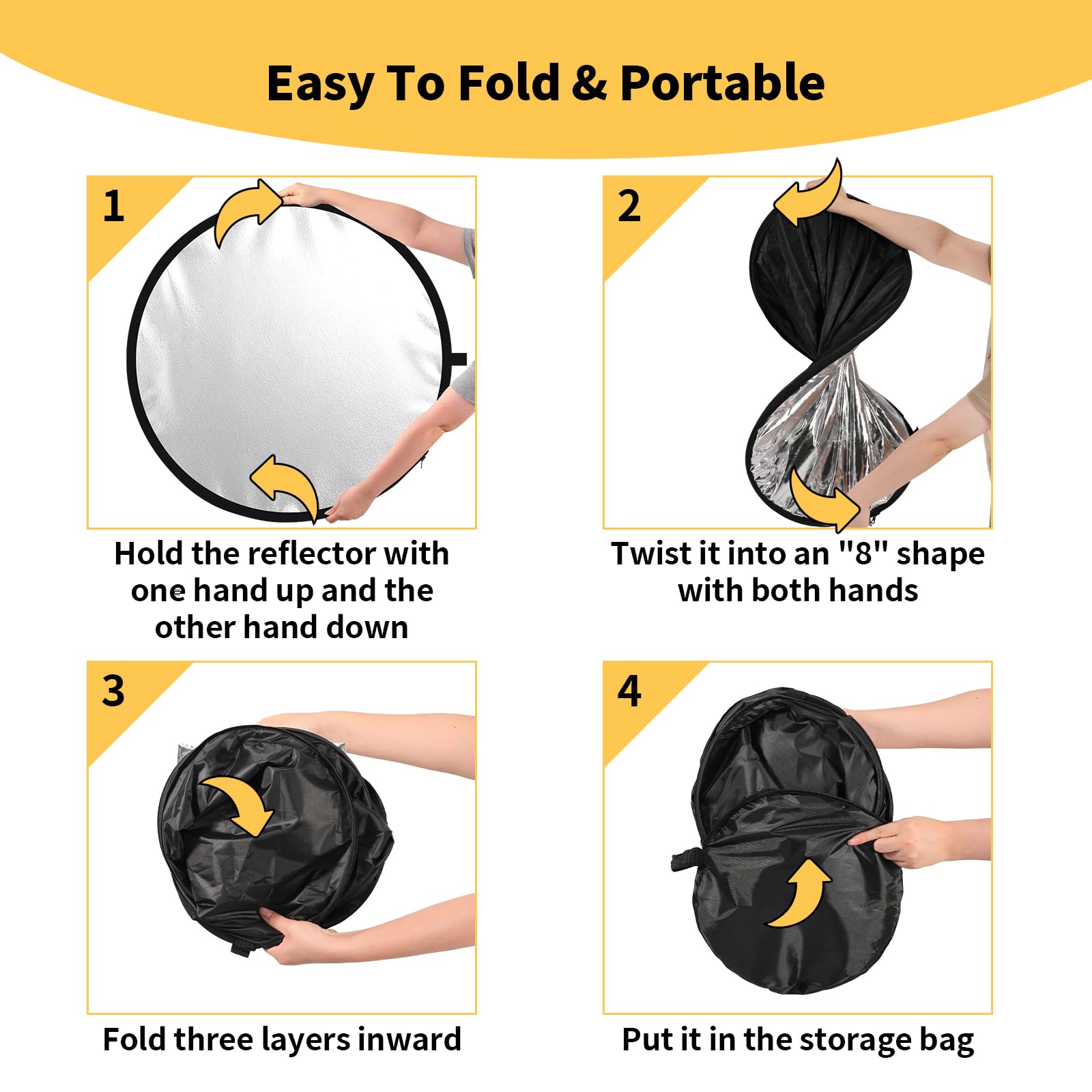 Riflettori di luce da 130 cm per fotografia con pannello diffusore 5 in 1 e borsa, riflettore fotografico ideale per creatori di contenuti essenziali e fotografi in argento, oro, bianco e nero