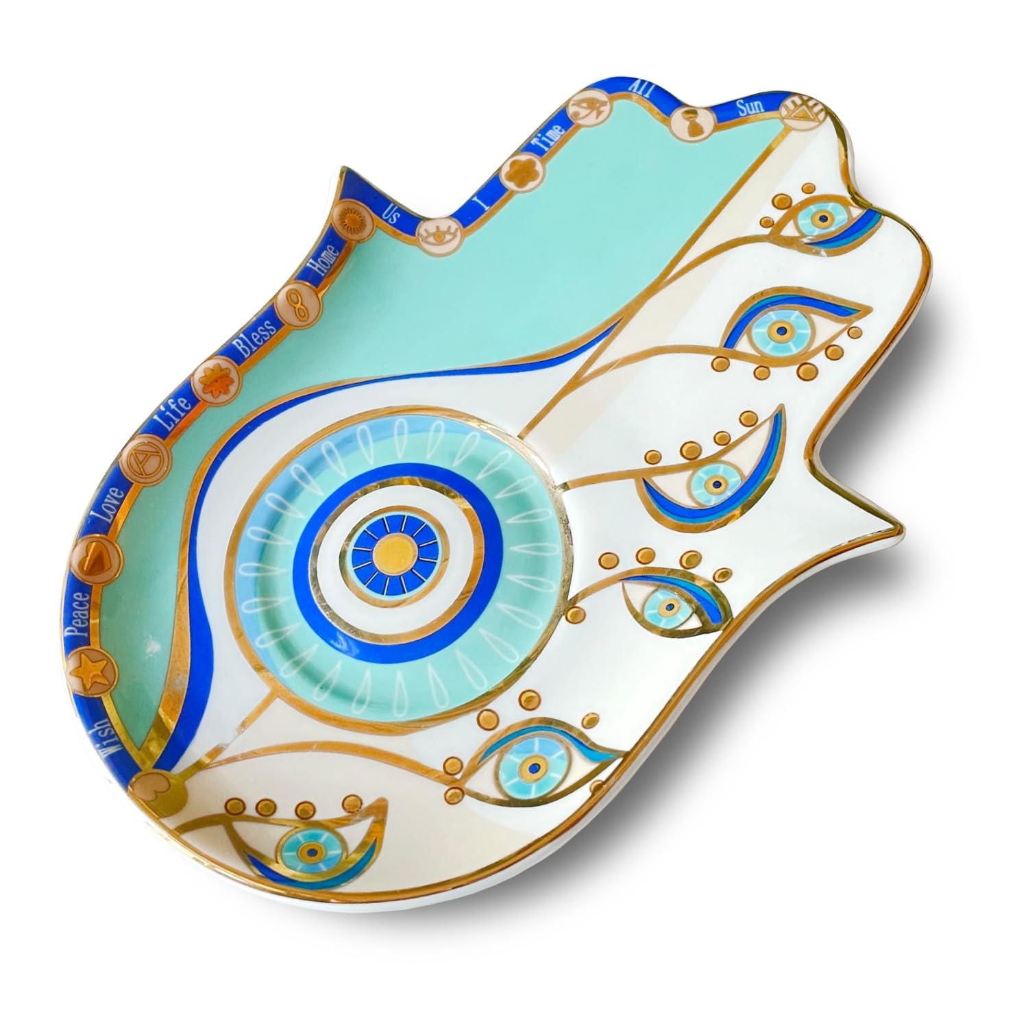 Exquisite Small Ceramic Jewelry Tray - Trinket Dish Evil Eye Decor, Gold Plate Ring Holder, Modern Boho Home Essentials, Perfume Organizer, Witchy, Aesthetic Room Decor (Blue Hamsa)
