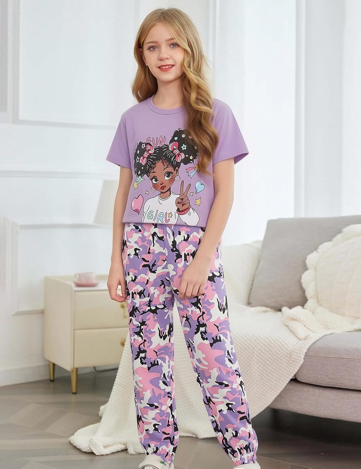 Mksodop Girls Outfit Graphic Shirt Camo