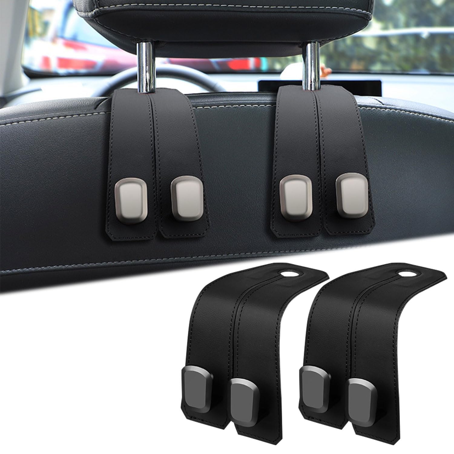 2 Pack Car Seat Headrest Double Hooks Leather Car Back Seat Headrest Hooks for Purses, Bags and Handbags, Car Organization Accessories (Black)-image-40