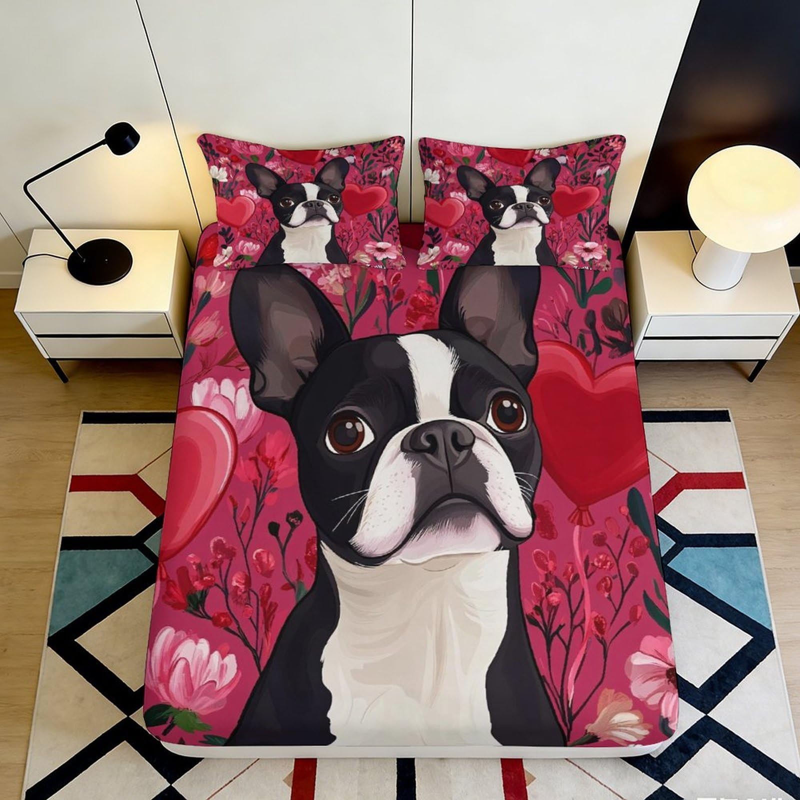 Uynsixtme Style-6 3D Printed French Bulldog Heart Fitted Sheet Microfiber Deep Pocket Bedroom Bedding Valentine Mattress Fitted Cover Washable 140X200x25cm