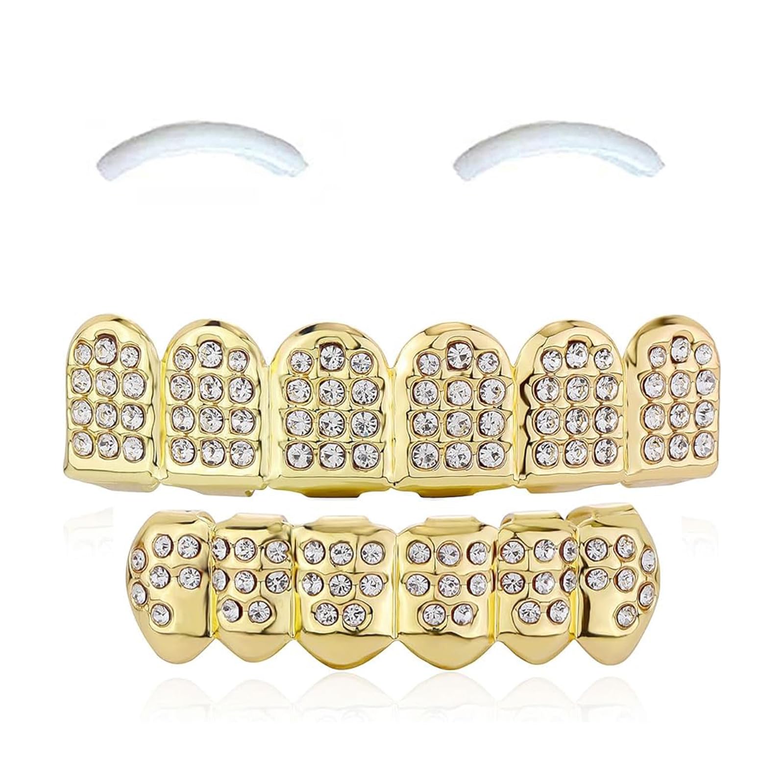 SSyang 18K Hip Hop Teeth, Grills for Mouth Braces Decoration, with 2 Silicone Moldings Hip Hop Teeth, Grills for Mouth Top Bottom Music Festival Party Rapper Decorations,Diamond style(Golden)