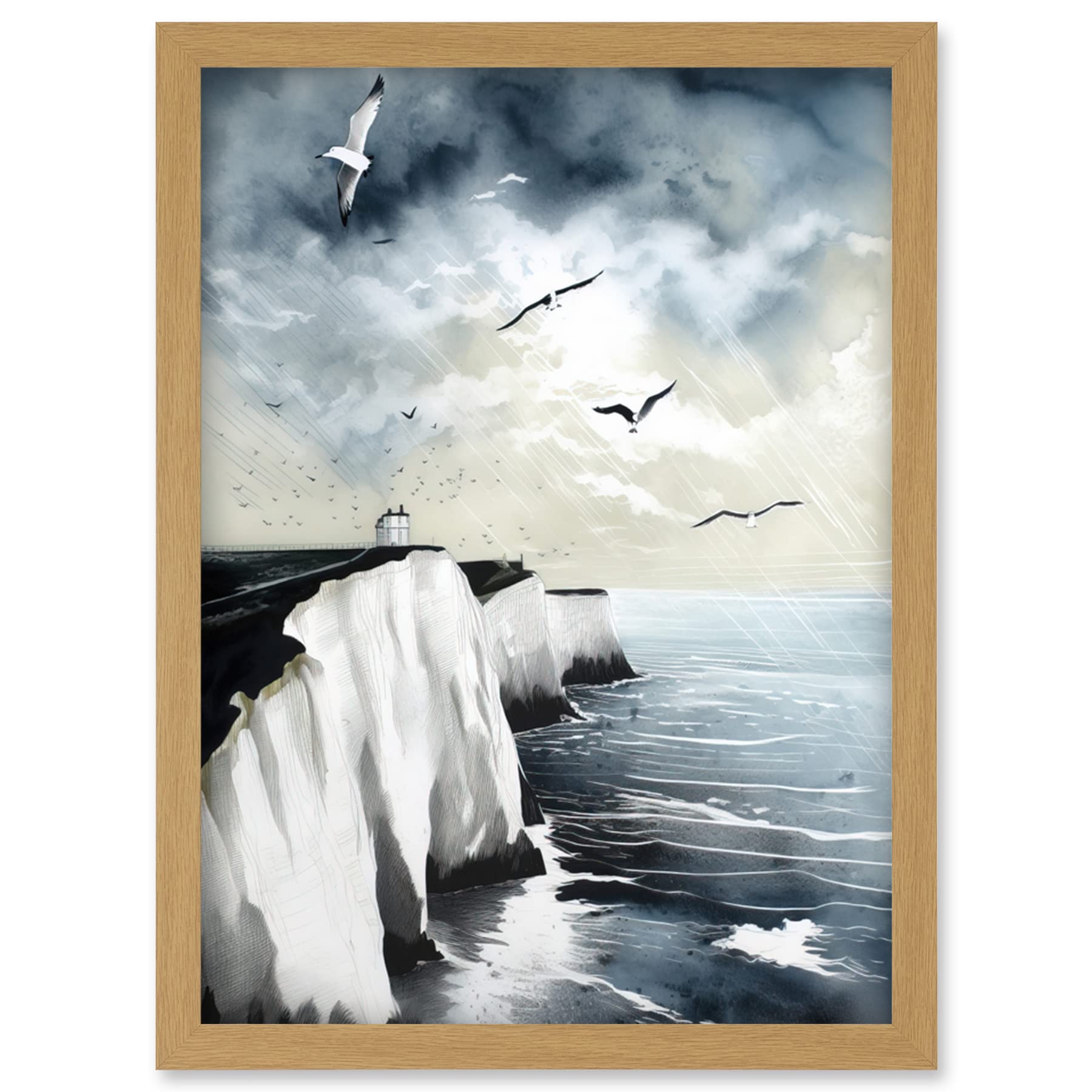 Artery8 Seagulls Flying Over the White Cliffs of Dover in England Modern Linocut Print Artwork Framed Wall Art Print A4