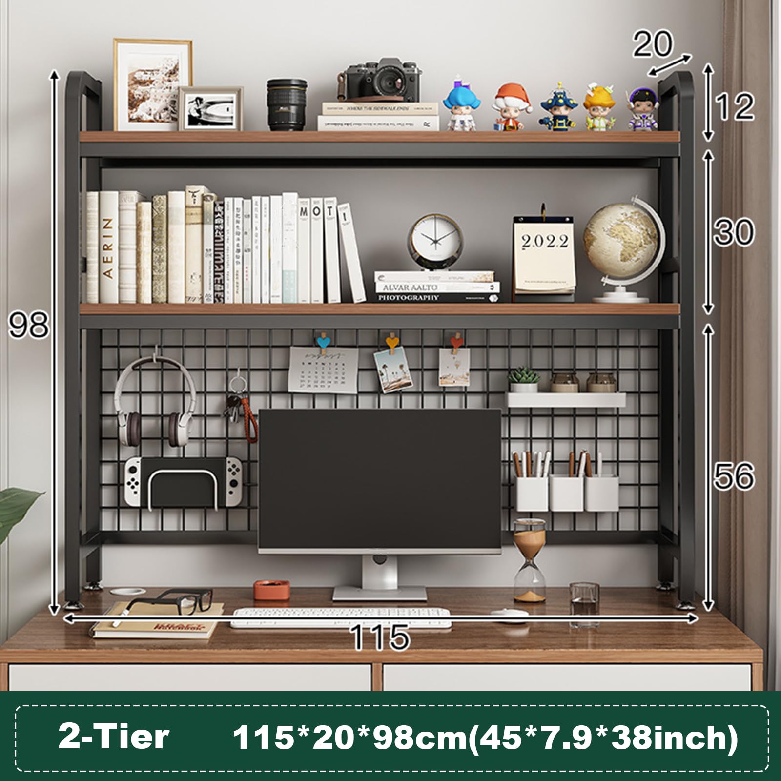 TWSOUL Estantería de escritorio, estantería de escritorio de 2 niveles, de madera y metal, estantería de escritorio para oficina con compartimento de rejilla, para oficina, estudio, dormitorio (altura