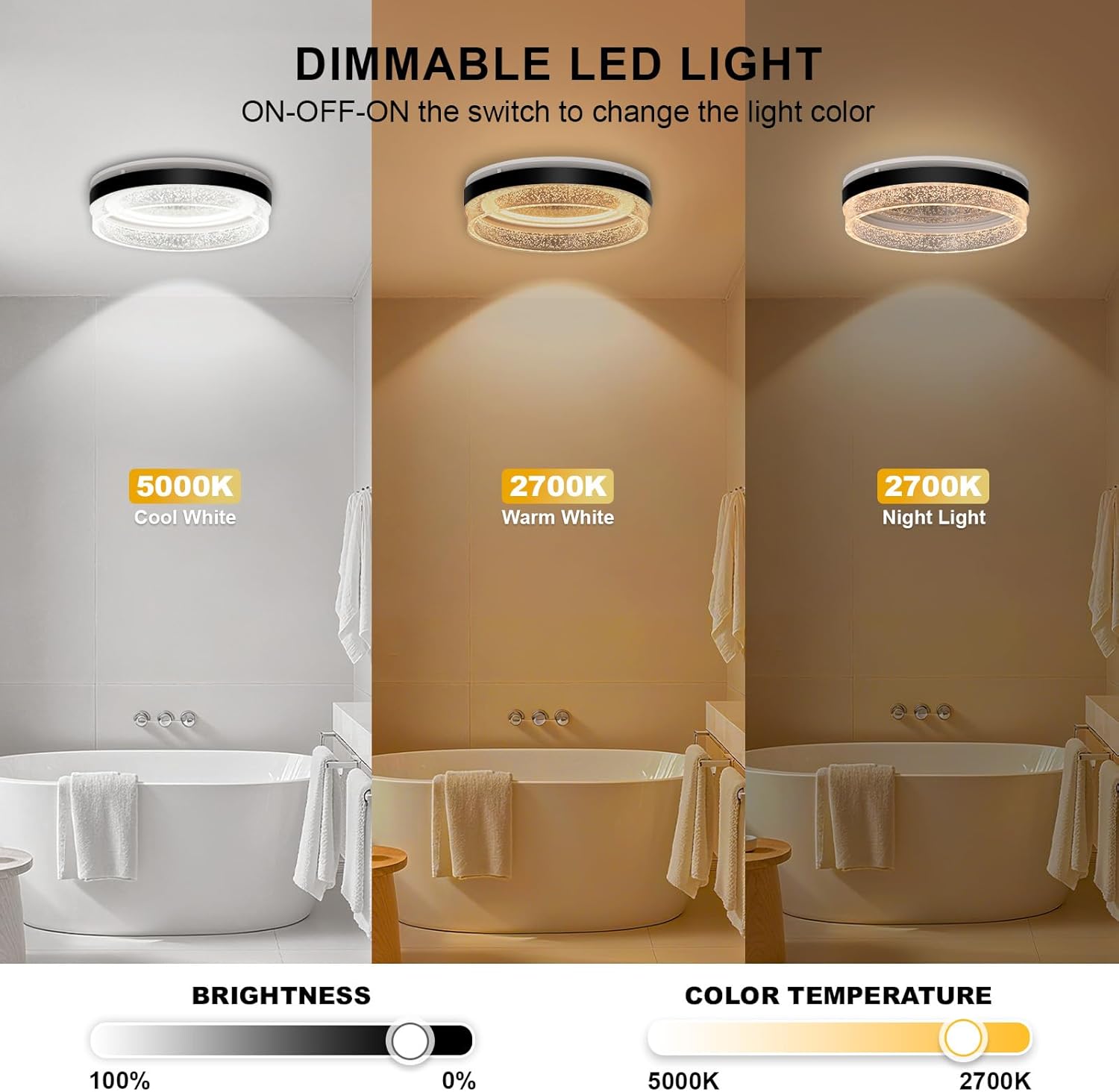 Akicon Bathroom Exhaust Fan with Light, 110 CFM 1.5 Sones Bathroom Fan with Light & Nightlight, Ceiling Mount Vent Fans with Dimmable Shower Lights for Home, Black, Round