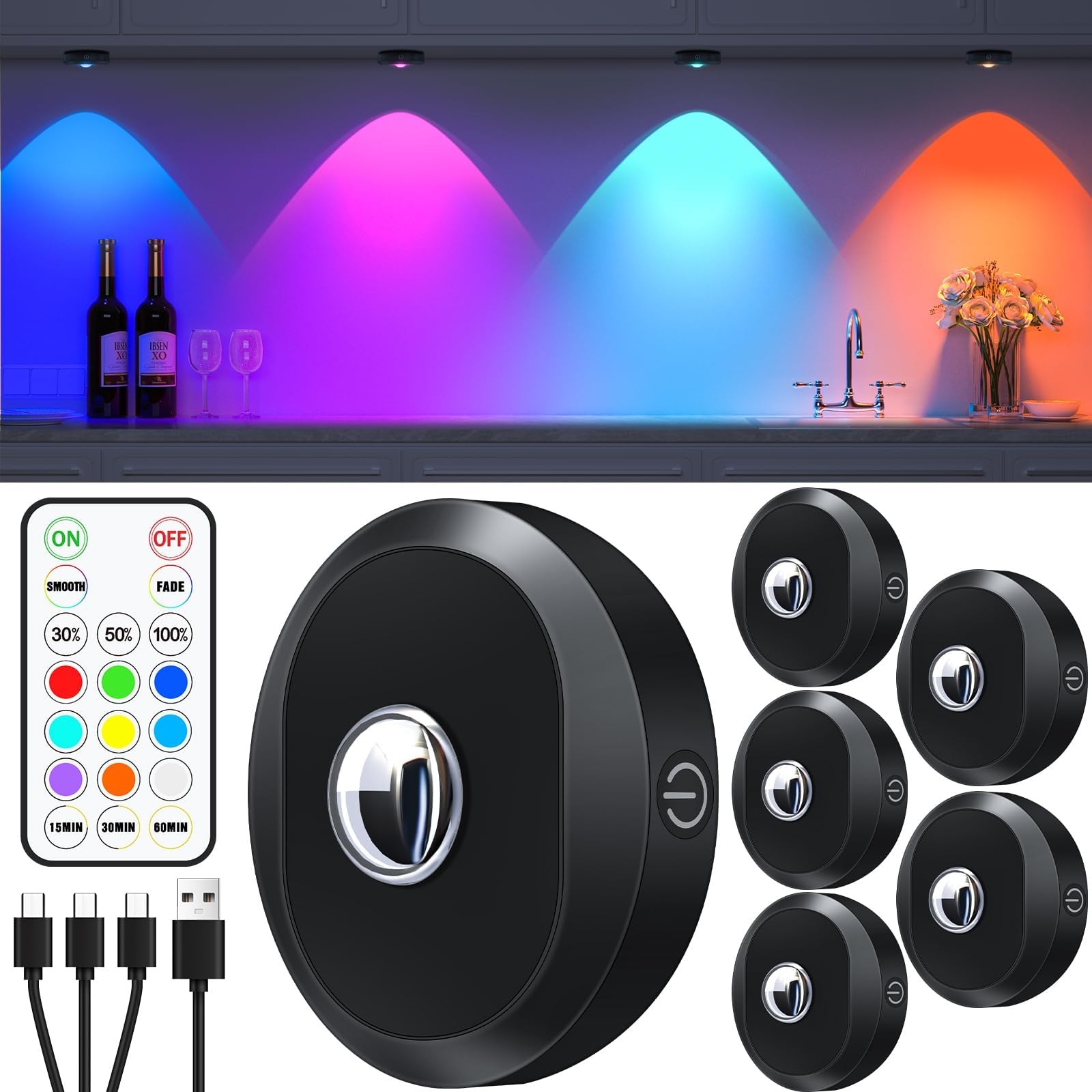 WILLED Under Cupboard Kitchen Lights Rechargeable, RGB Under Cabinet Light with Remote Control, Timing Function, Wireless LED Puck Lights for Kitchen Cupboard, Cabinet and Showcase(6 Pack)