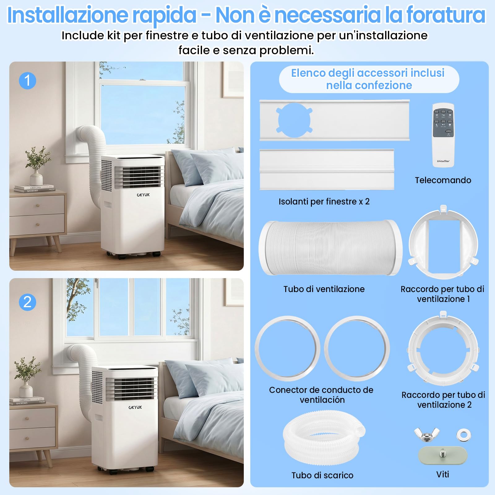 Climatiseur Mobile 7000 BTU avec tuyau d'évacuation | Climatiseur portable 4 en 1 | Fonctionnement silencieux | Kit d'installation fenêtre | Minuterie 24 heures | Pour pièces jusqu'à 25 m²