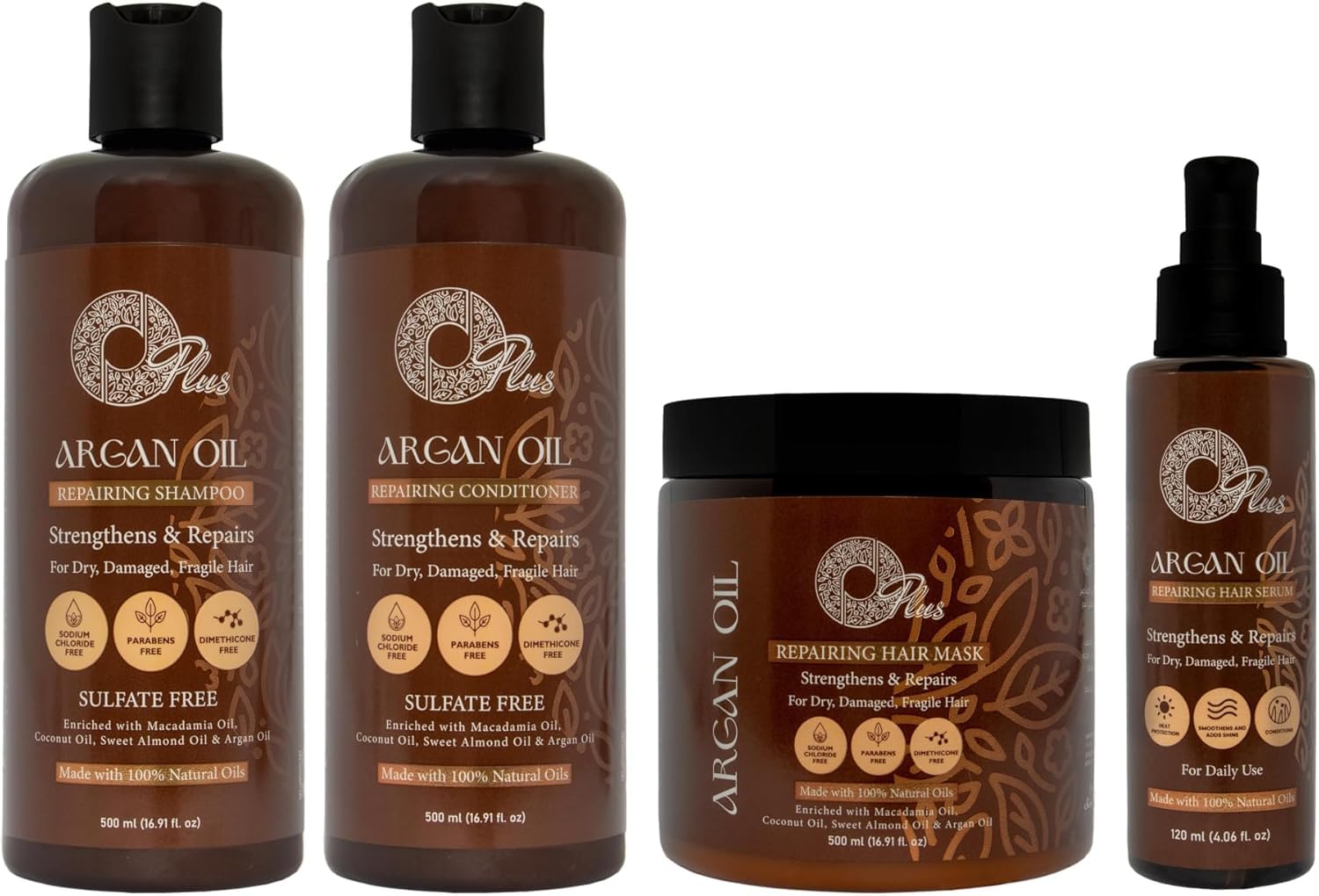 OPlus Hair Care Set with Argan Oil - Complete 4-Piece Collection with Shampoo, Conditioner, Serum, and Repairing Hair Mask
