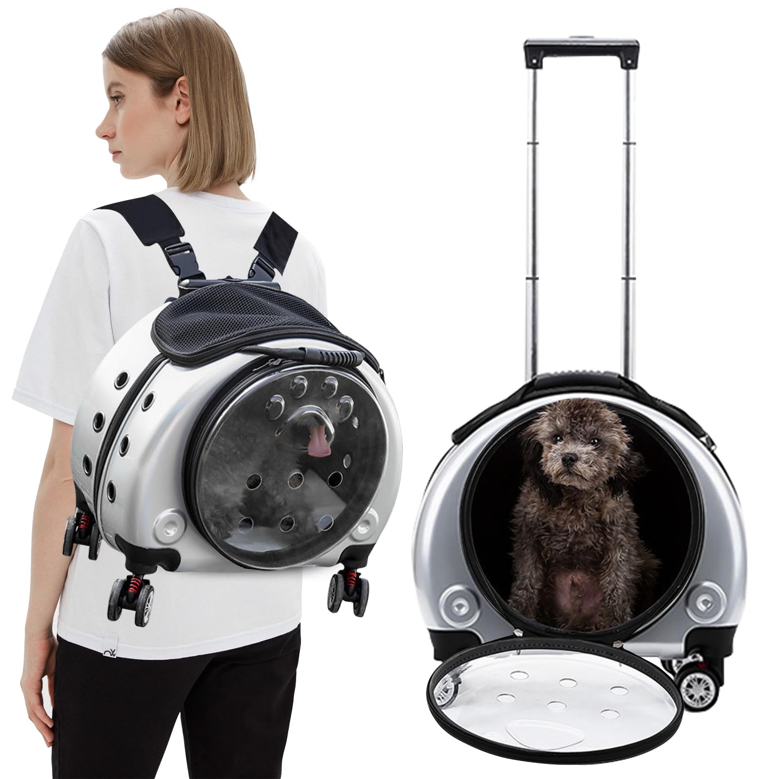 PETCUTE Zaino Trolley per Cani Gatti,Buona Ventilazione,Zaino per Gatti con Tappetino Rimovibile,Comoda Maniglia,Pieghevole Trasportino Gatto con Ruote per Cani Piccoli Gatti Medi Fino 7.5 KG