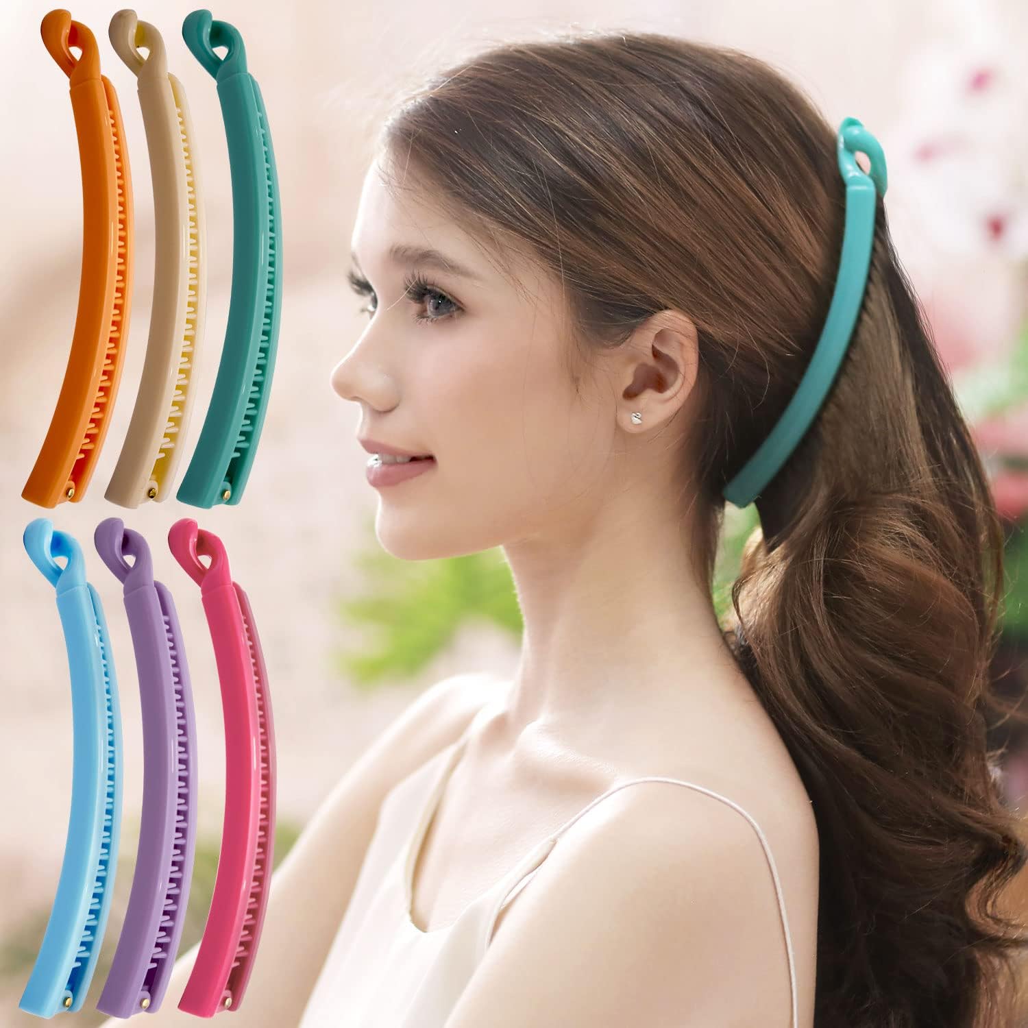 RC ROCHE ORNAMENT6 Pcs Womens French Clutcher Slim Thin Banana Hair Clip Ponytail Maker Barrette Inner Teeth Secure Clasp Lock Strong Grip Cute Beauty Fashion Accessory, Large Pastel Multicolor