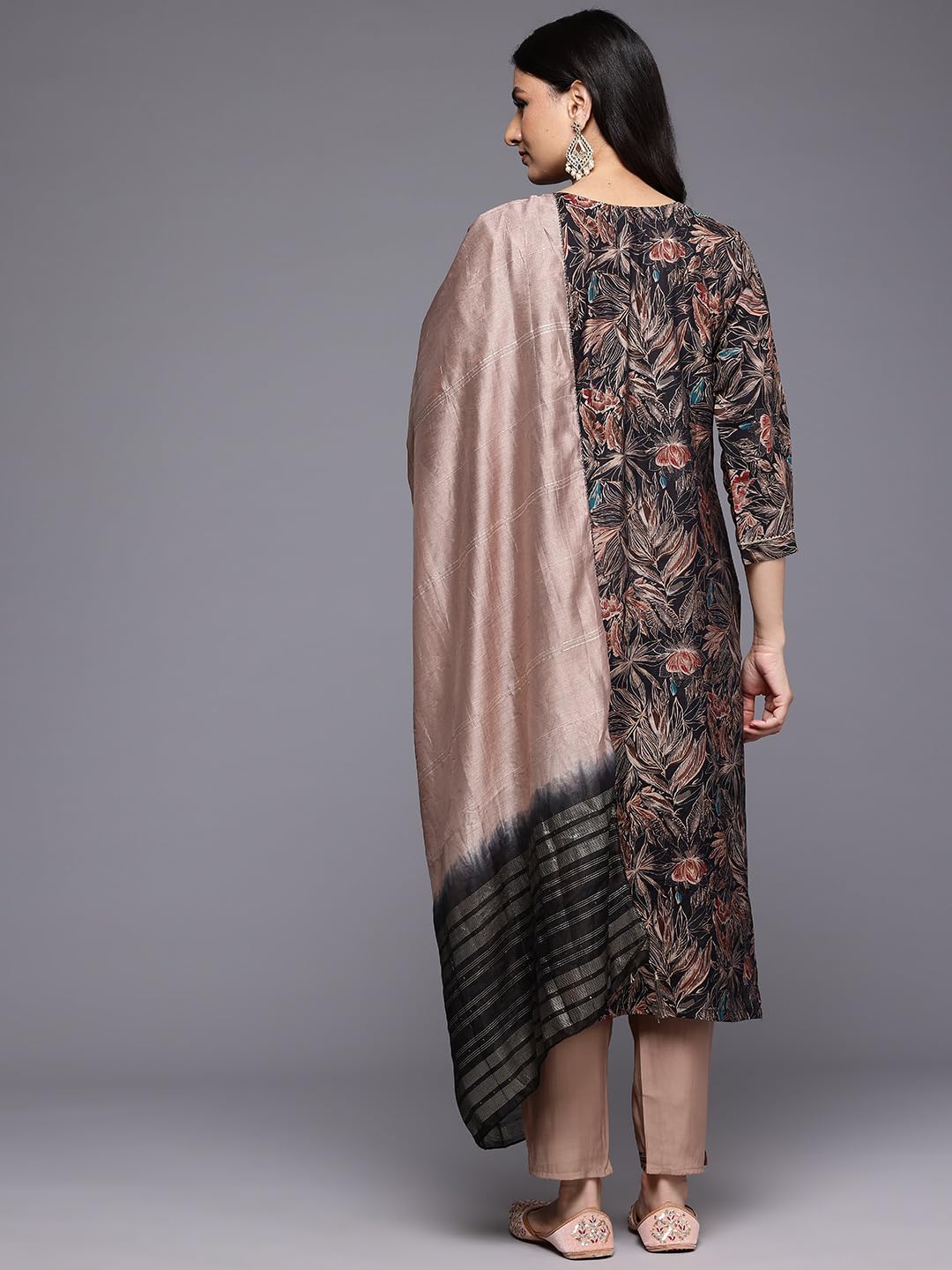 Varanga Women Black Round Neck Printed Embroidered Kurta Paired With Bottom And Dupatta