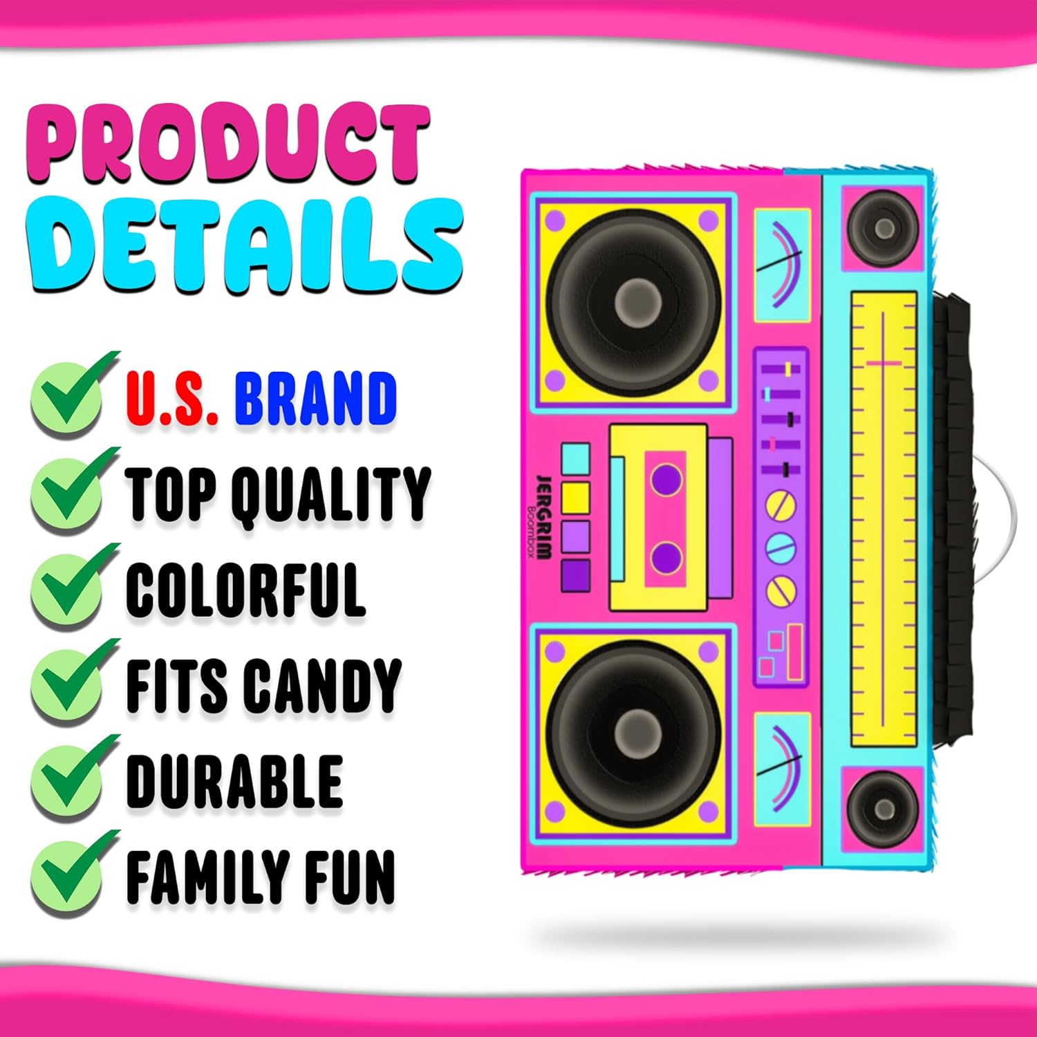 Jergrim Boombox Piñata 4-Piece Set perfect for Retro Birthday Party, Decorations, 80s Parties, Hip Hop 90s, 1980’s Radio Piñata for kids and adults (17”X10”) Durable!