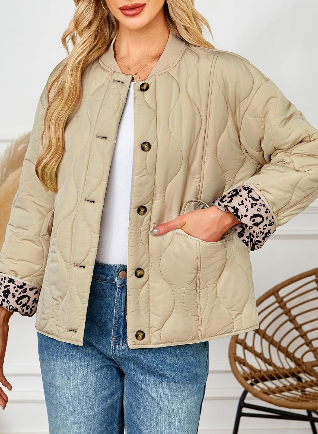 Dokotoo Casual Quilted Jackets for Women Button Down Leopard Puffer Jacket Womens Winter Coats with Pockets - Image 3