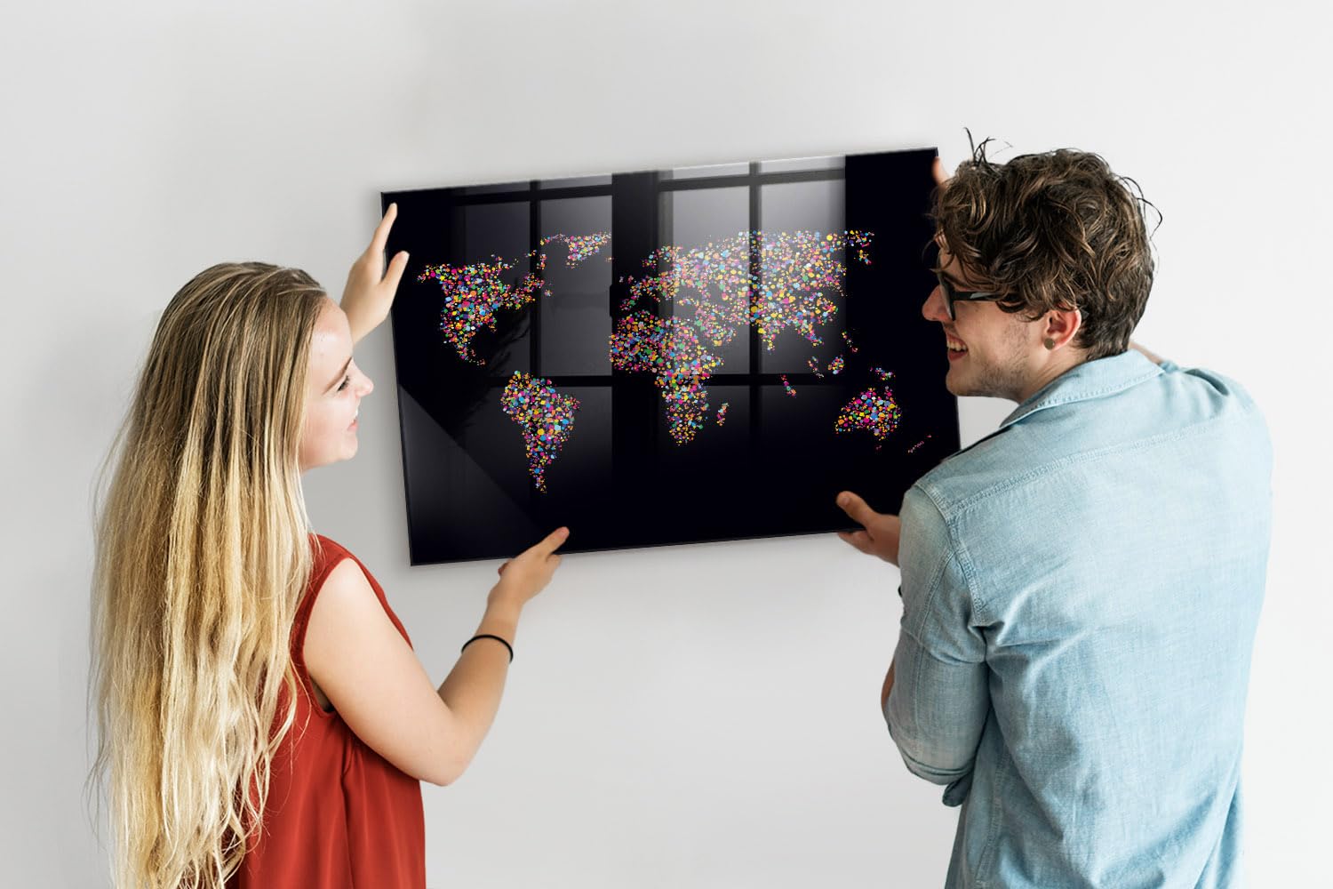 Magnettafel für Schule Gastronomie und Büro 90x60 Weltkarte aus Punkten | Pinnwand | Glas | Memo | Organizer | Planer | Sicherheitsglas | Paneel | Infoboard | Wochenplaner | Terminkalender