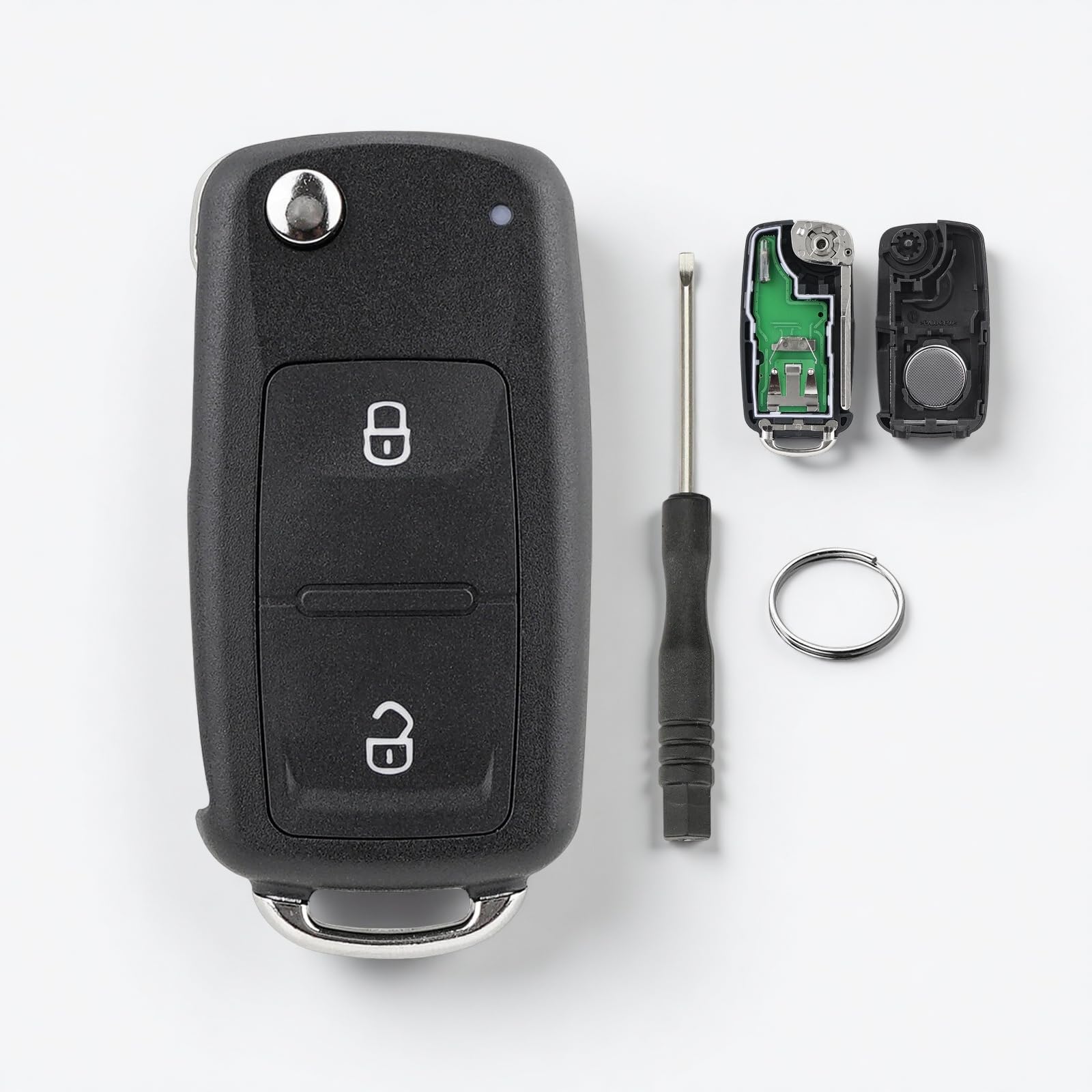Funkschlüssel kompatibel mit VW Transporter Amarok Polo Golf, 433 MHz, 2 Tasten, 5K0837202AD, mit Batterie und Werkzeug