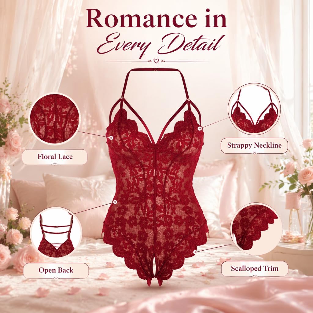 Women's Sexy Lace Bodysuit, Teddy Lingerie Straps, Deep V Backless Nightgown, Polyester Elastic Fabric (Wine Red, Size XXL)