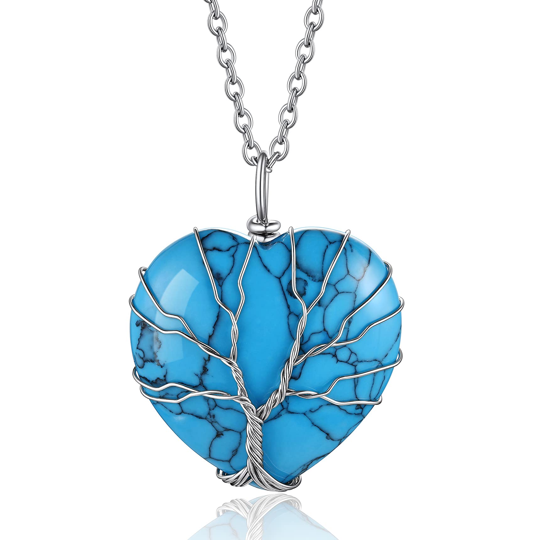 Bestyle Tree of Life Wrapped Healing Crystal Necklaces 12 Month Birthstone Pendant for Women, Crescent/Heart Gemstone Jewelry, Vintage Birthday Gifts/Energy Gift