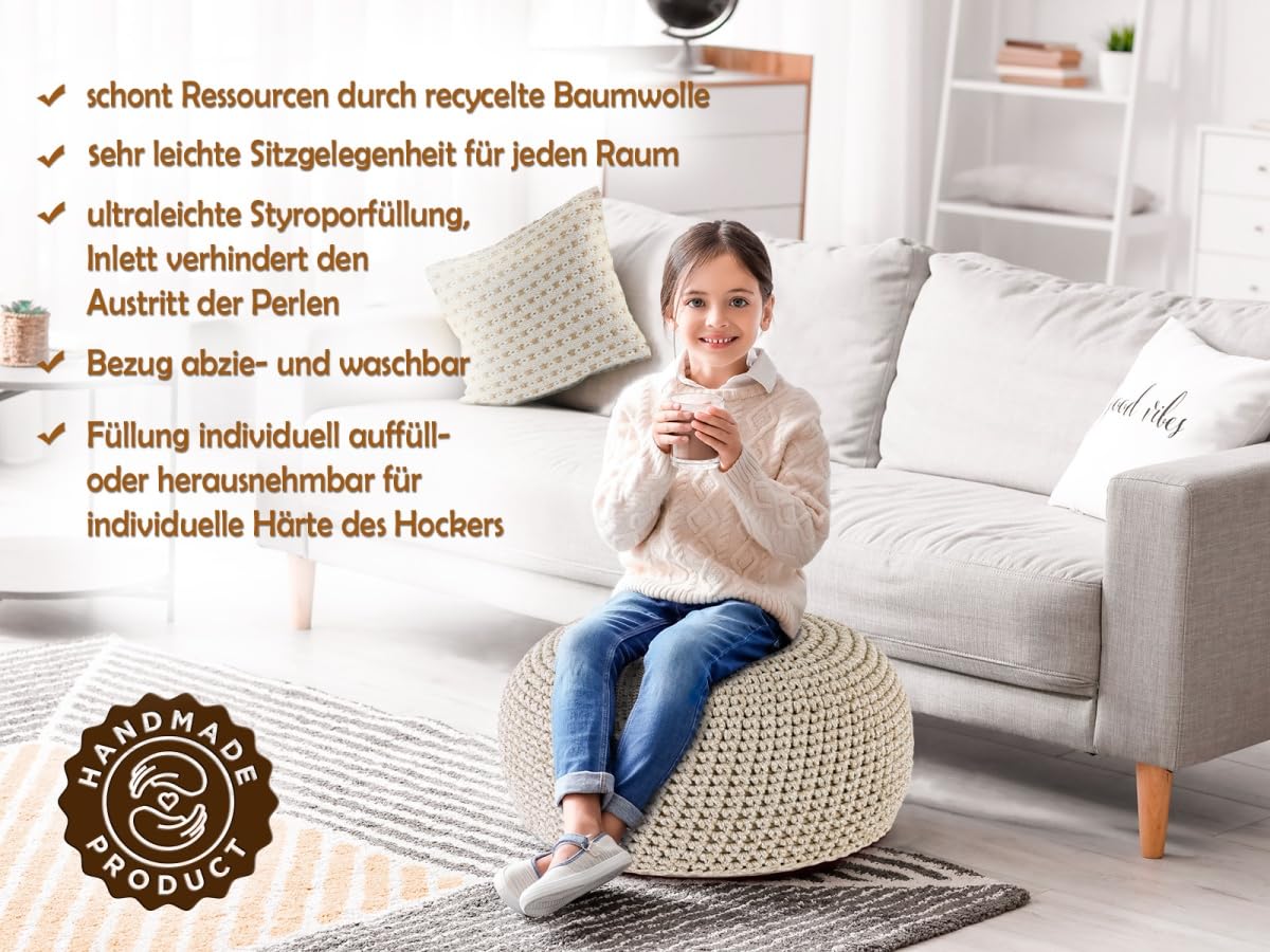 Bodenkissen Pouf Ø55 H37 Mohair Sitzhocker Sitzpouf waschbar nachfüllbar Farbe beige - weiß