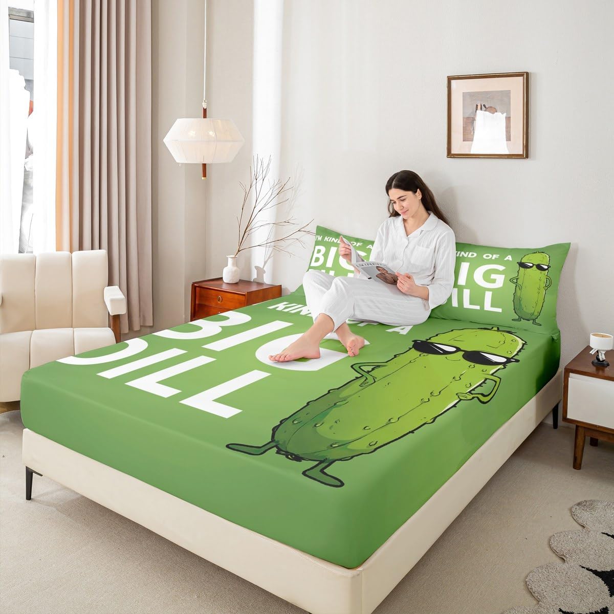 Kids Pickles Fitted Sheet Queen Size Cute Pickles Bed Sheet Set for Boys Teens Decor Cucumber Print Bedding Set Green Vegetable Bed Cover Bedroom 3Pcs
