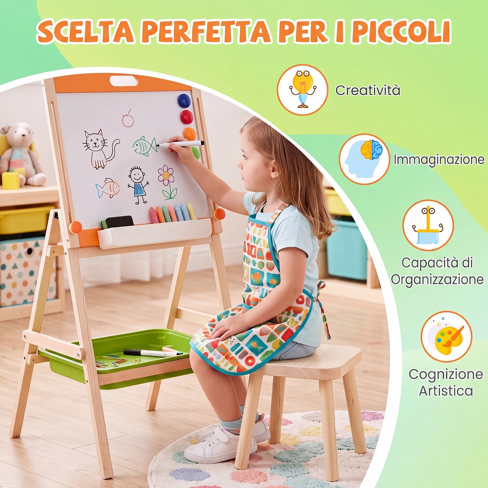 COSTWAY 2 in 1 Cavalletto da Disegno per Bambini 3+ Anni, a Doppia Faccia