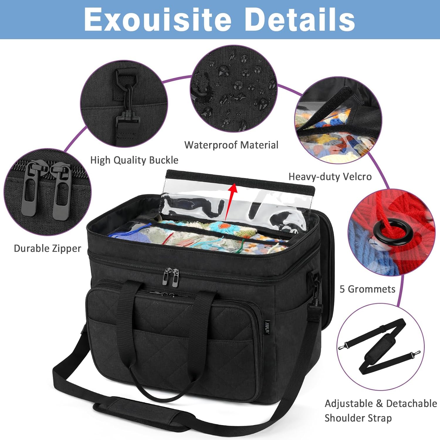 IBFUN 3PCS Crochet Bag with Wrist Yarn Holder, Large Yarn Storage Tote Waterproof Knitting Bag Organizer with Adjustable Strap for Hooks, Needles (Up to 14"), Accessories, Crochet Lovers, Tangle-Free