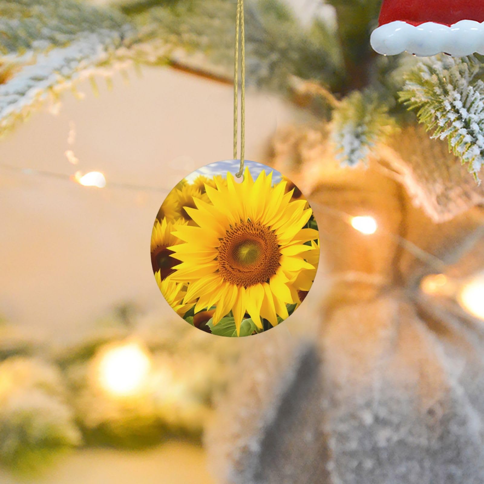 Christmas Ornaments for Christmas Tree Decoration Ceramic Hanging Sunflowers Ornament with Gold Ribbon Crafts Round Pendant for Keepsake Gifts Glass Xmas Decor Party Supplies
