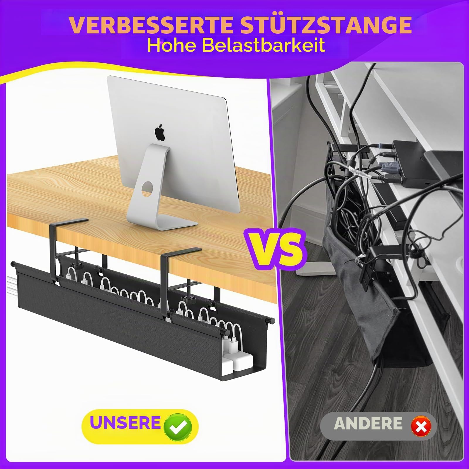 REFLYING Unter Dem Kabelkanal Schreibtisch, 74cm Cable Management Ohne Bohrung, Robuster und Flexibler Kabelmanagement, Geeignet für Büro, Zuhause und Andere Orte, Schwarz