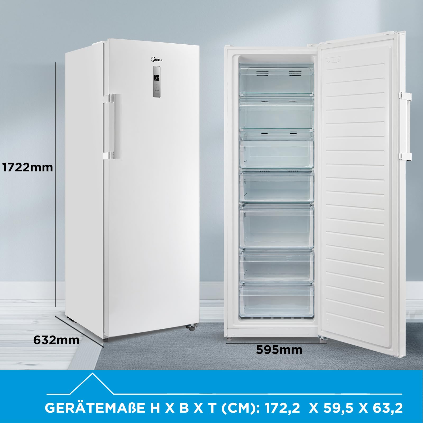 Midea MDRU333FZE01 Gefrierschrank/Kühlschrank/172,2 cm hoch/NoFrost/Flexible Kühl- und Gefrierfunktion/Superkühl/238L/Große Fächer/Zero Clearance/Easy Open Handgriff/Wechselbarer Türanschlag/Weiß