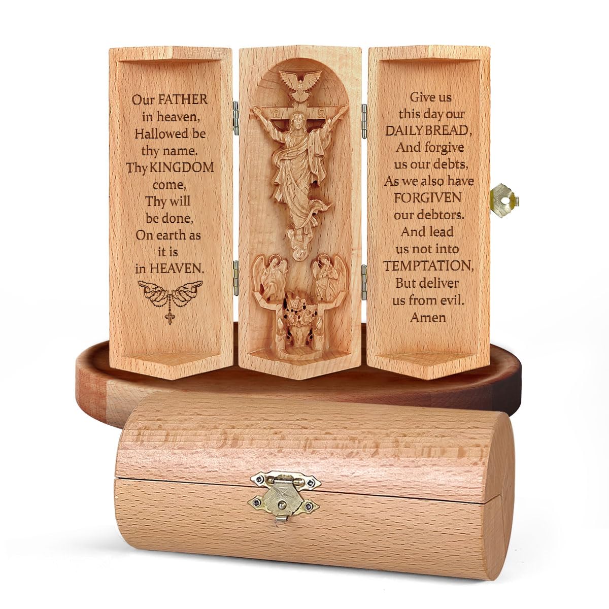 Christian Decor, Catholic Wooden Sculpture, Christian Gifts for Men, Statue of Jesus, Virgin Mary, Home Decor - Openable Wooden Cylinder Sculpture of Jesus