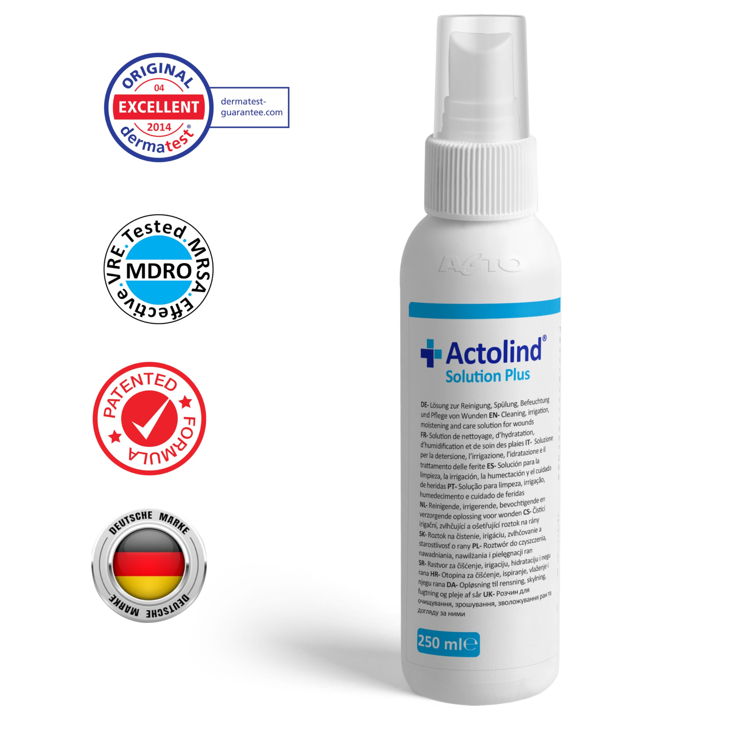 Actolind Solution Plus 250 ml – soluzione antisettica per irrigazione delle ferite. Pulizia e idratazione indolore di ferite acute, croniche, infette e ustioni. Classe CE III secondo MPG. Con PHMB.