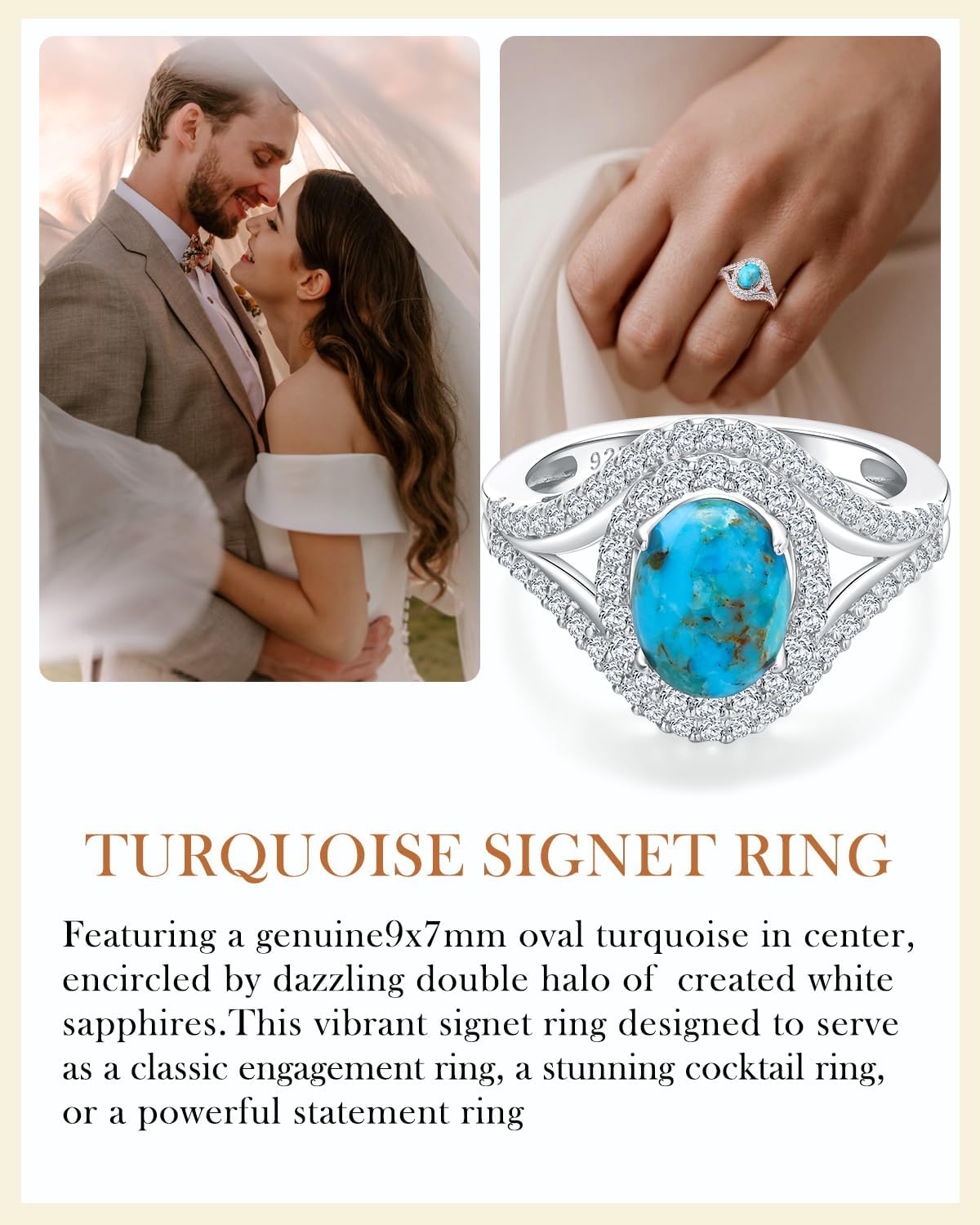 AIBAO Oval Turquoise/Lapis Lazuli/Malchite Rings for Women Men Sterling Silver Double Halo Engagement Ring Size 6 to 10 Anniversary Chirstmas Mother's Day Valentines Jewelry Gifts