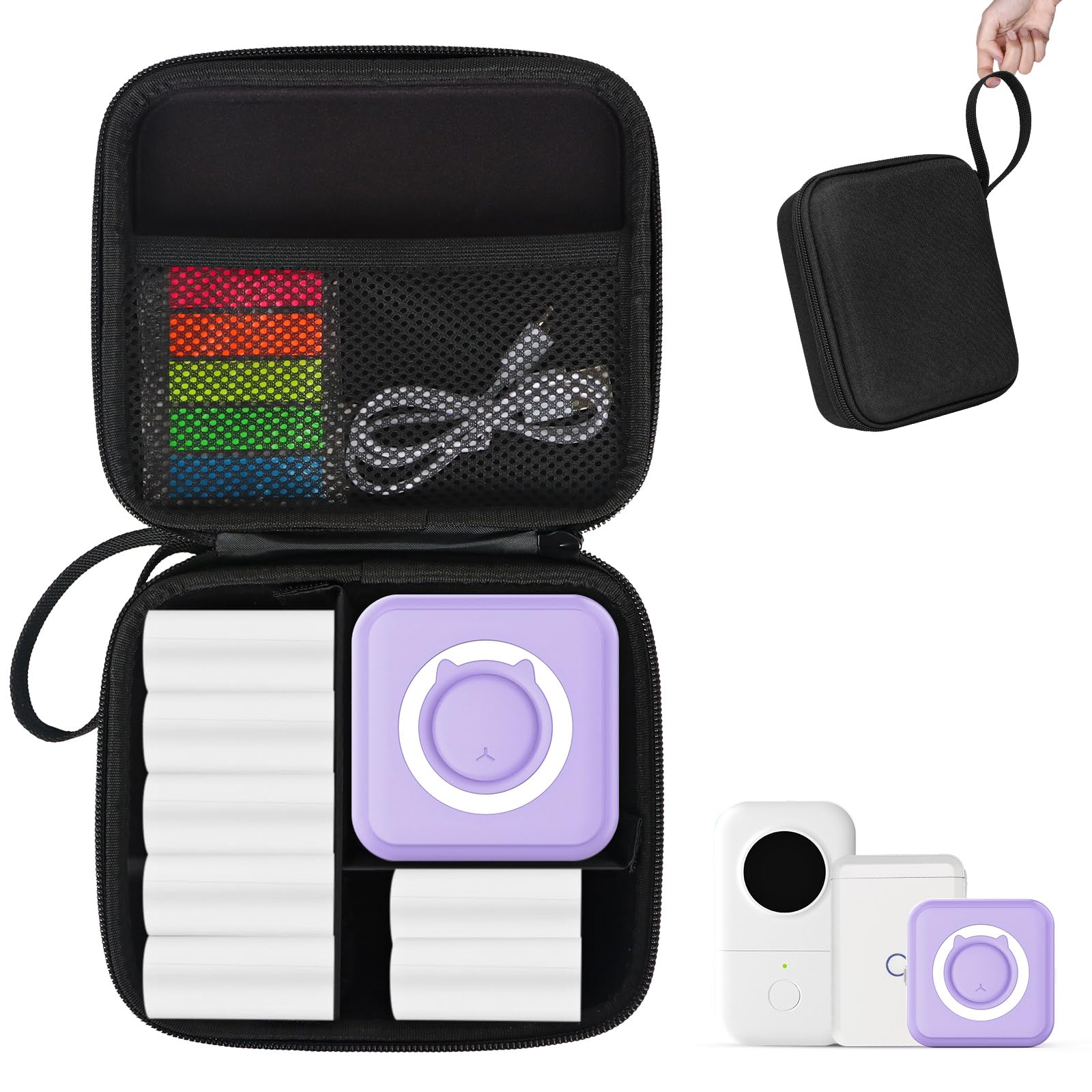 QYCHHJ Hard Travel Case for Mini Printer Sticker Printer, Wireless Mini Sticker Printer Machine Storage Holder Protection Case with Zipper Mesh Pocket fit Thermal Paper, Charging Cable, Black