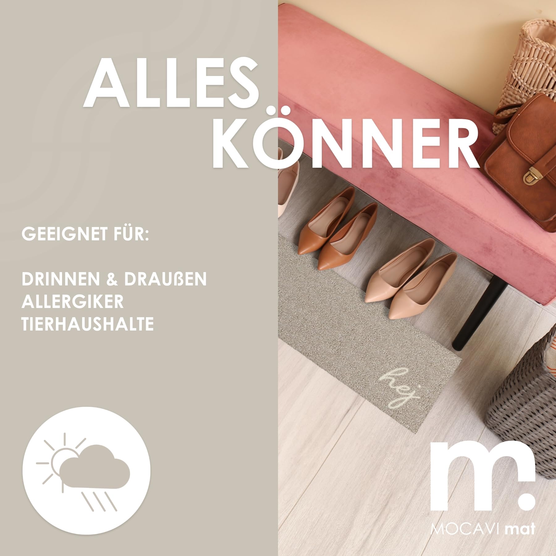 MOCAVI Mat Fußmatte Schuhparkplatz 30x100 cm waschbar beige Hej Scandi Schuh-Teppich lang, schmal, Schuhe ausziehen, Deko Eingangsbereich innen, außen, Matte, Haustür, Stiefelmatte
