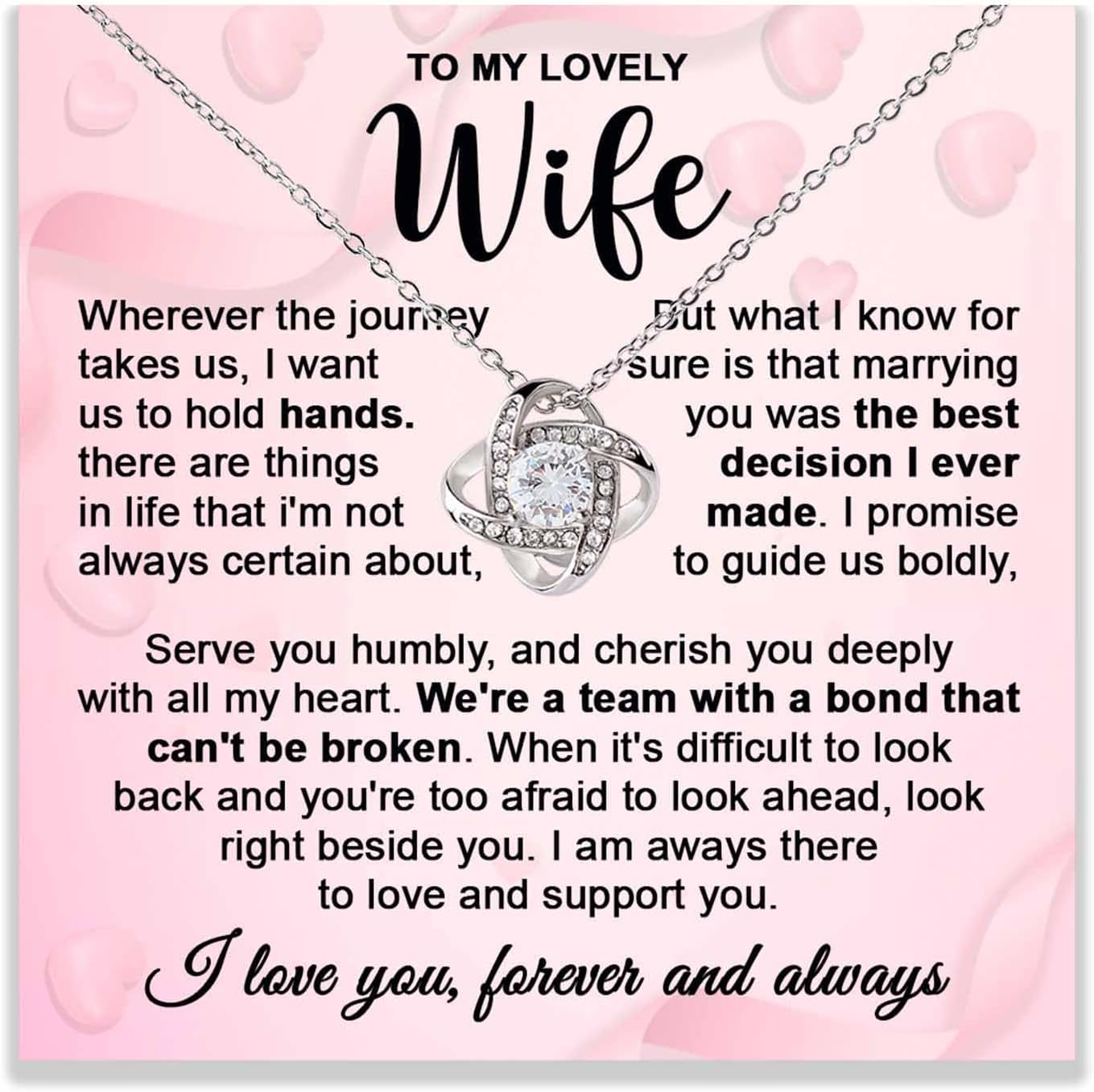 To My Wife Necklace From Husband, Anniversary Valentine Birthday Gift For Wife, 14K White Gold Love Knot Necklace With Message Card For Her, Husband And Wifes Necklaces Jewelry