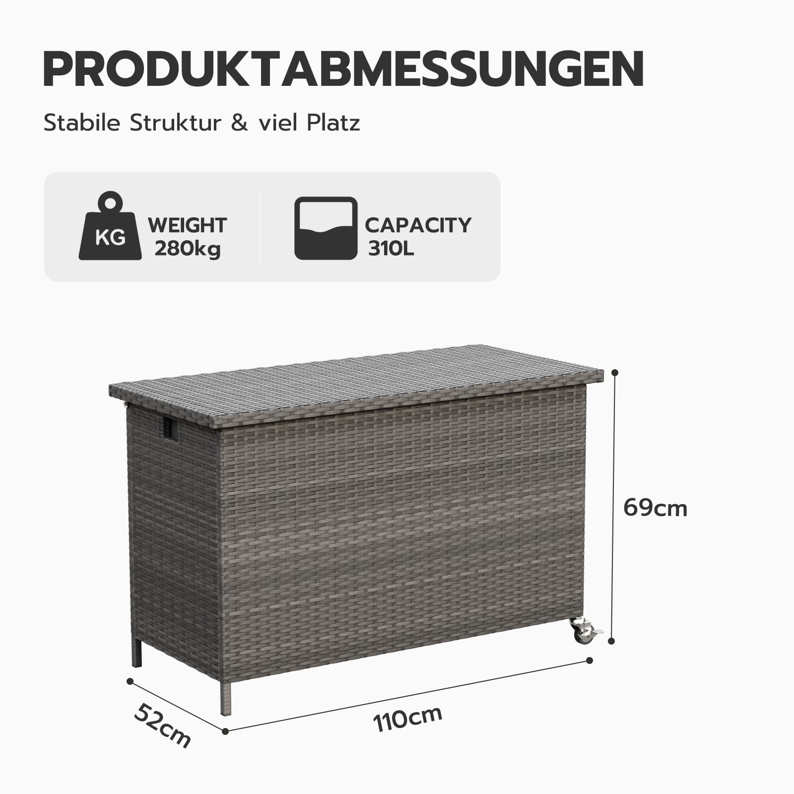 Amopatio 310L Gartenbox Auflagenbox wasserdicht, Kissenbox Outdoor aus Polyrattan, Aufbewahrungsbox Metall mit Rollen & Gasdruckfedern, Gartenkiste wetterfest für Garten, Balkon, Grau