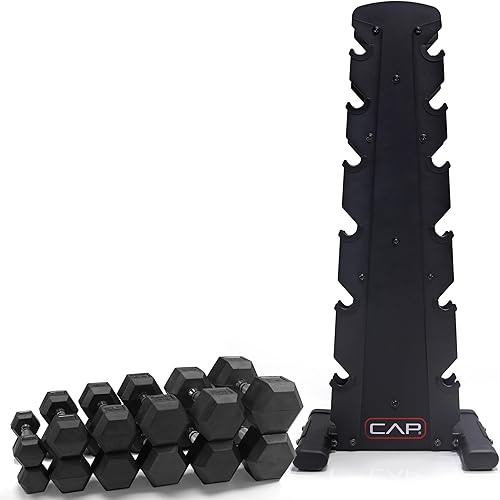 Miniatura 2 de CAP Barbell Juego de pesas con revestimiento de goma con estante vertical  Opciones de 100 libras, 150 libras y 210 libras