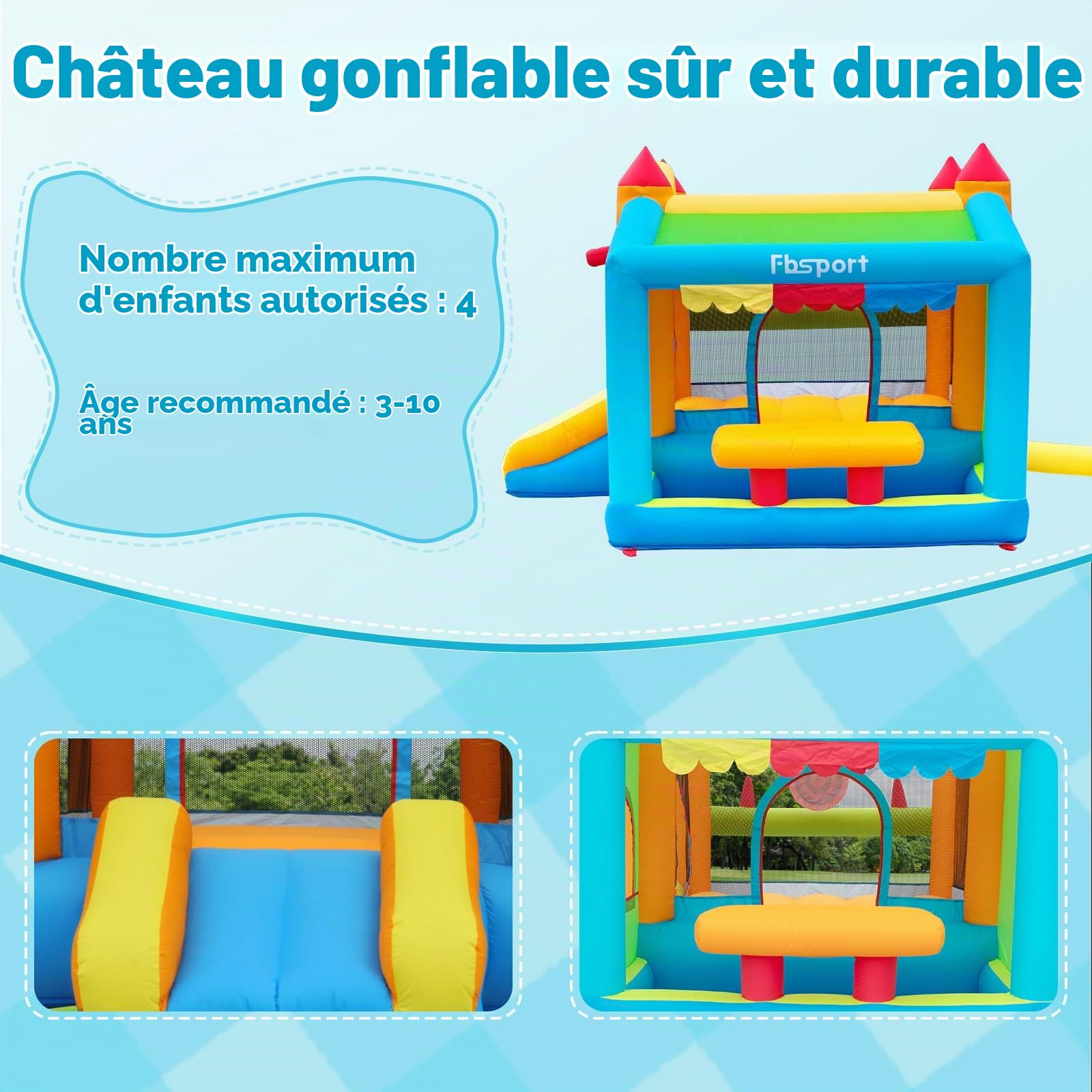 FBSPORT château Gonflable Exterieur Enfant avec souffleur Aire de Jeux Gonflable château Gonflable Piscine Meilleur Cadeau de Vacances/d'anniversaire pour Les Enfants
