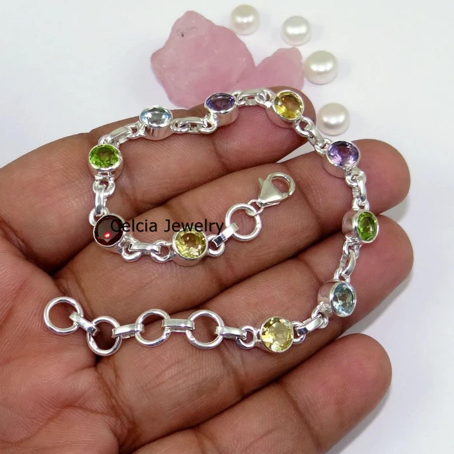 Pulsera de plata de ley 925 pura para mujeres y niñas, citrino natural, topacio azul, peridoto, amatista y granate Pulsera de piedras preciosas Pulsera única hecha a mano para ella o para él