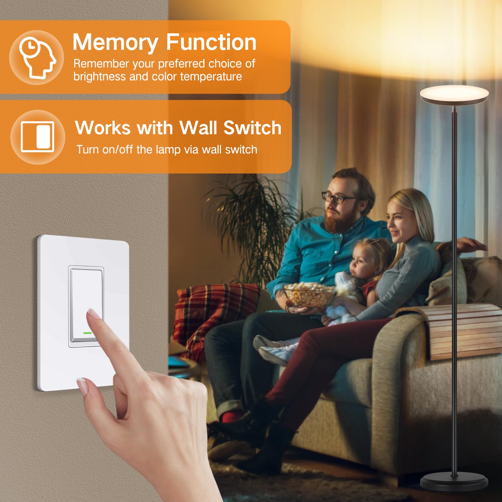 OUTON Lámpara de Pie LED Funciona con Alexa, Google Assistant, Regulable y Moderna, 30W Súper Brillante, 180CM, Función de Temporización de Memoria, Control Remoto y APP,Para Sala de Estar Negro Chido