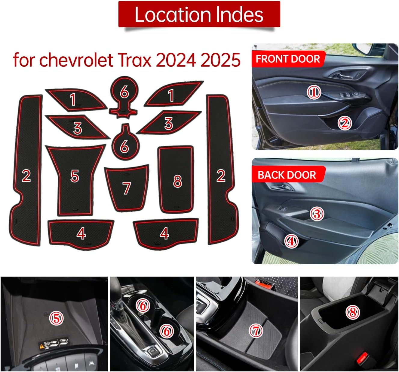 for 2024 2025 2026 Chevy Trax Door Slot Mat 2026 2025 2024 Trax (LT/2RS/ACTIV) Door Compartment Cup Holder Inserts Center Console Liners for 2024 2025 2026 Trax Interior Accessories(13PCS Red)