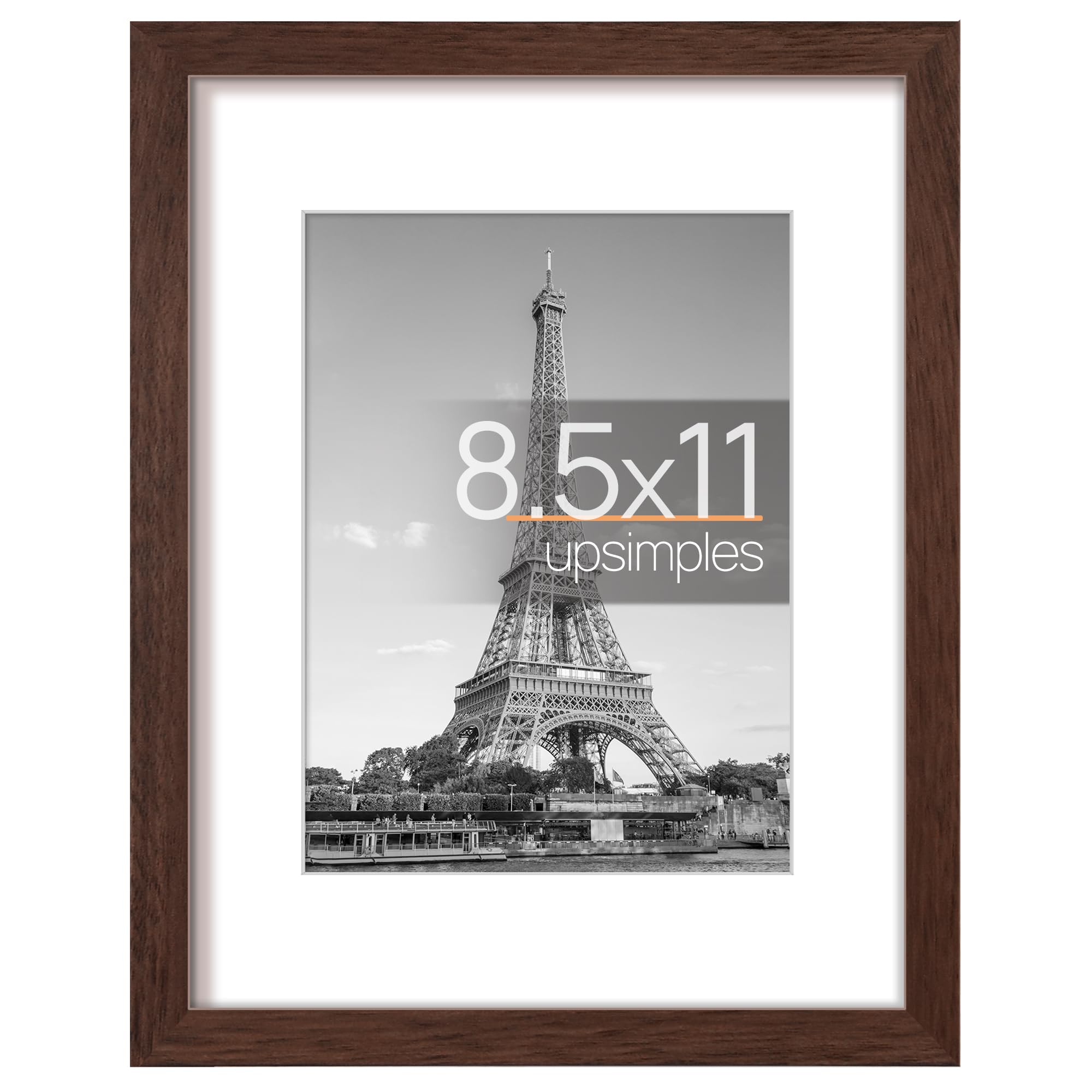 upsimples 8.5x11 Picture Frame, Display Pictures 6x8 with Mat or 8.5x11 Without Mat, Wall Hanging Photo Frame, Brown, 1 Pack