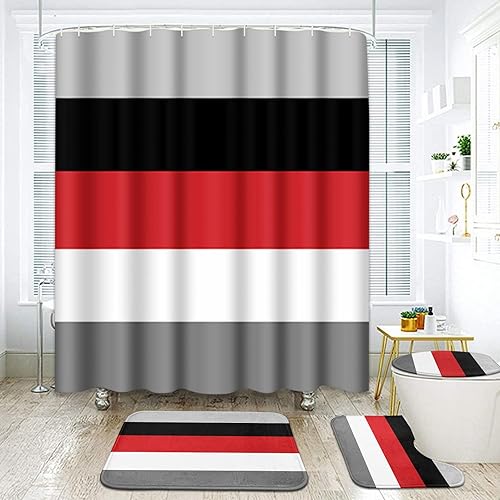 ArtSocket Juego de baño geométrico rojo con cortina de ducha y accesorios de alfombras, cortina de ducha moderna a rayas rojas, grises, negras y