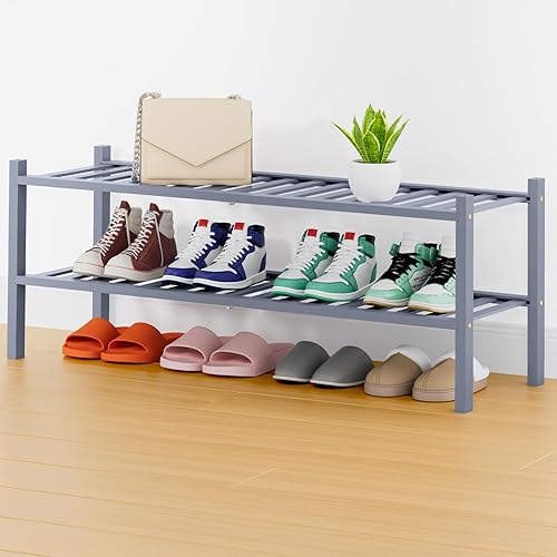 Miniatura 40 de Smiry Estante para zapatos, organizador de zapatos de bambú de 2 niveles, estante de almacenamiento de zapatos de madera apilable independiente para