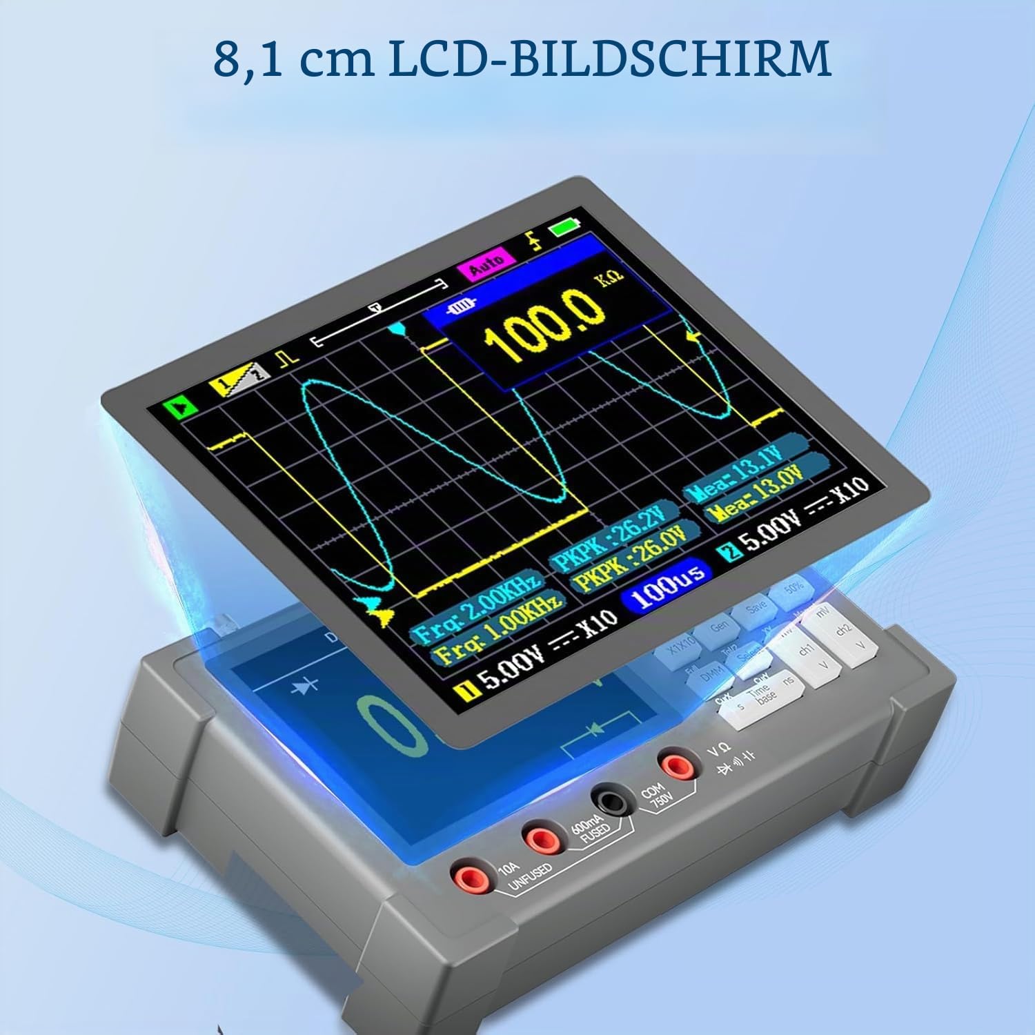 3 in 1 Digitales Oszilloskop, DSO3D12 2 Kanal Oszilloskop, Multimeter und Signalgenerator, 120-MHz-Bandbreite, 250 /s-Stichprobenrate, 3,2-Zoll-IPS-Display, Tragbares Design, Wellenformanalyse