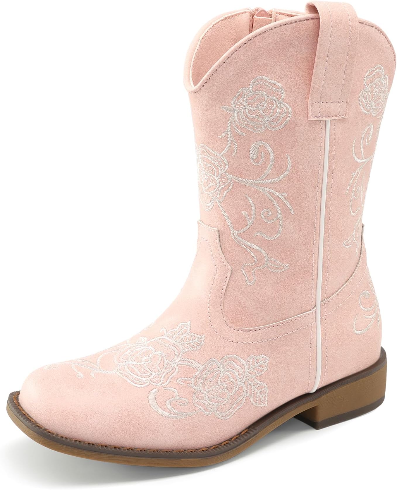 Girls Cowboy Boots Floral Embroidered Classic Western Cowgirl Boots Square Toe Mid Calf Side Zipper Horsing Party Toddler/Little/Big Kids